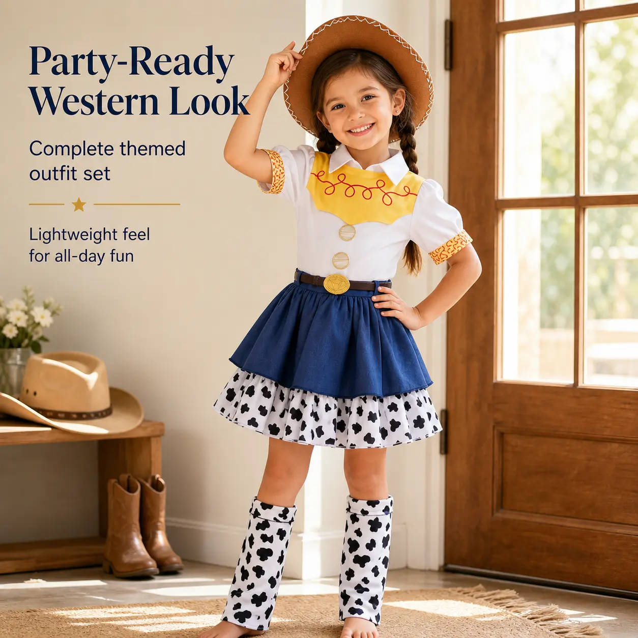 Girls' Polyester Jessie Cowgirl Cosplay Costume - Short Sleeve Layered Look Dress with Belt, Cow Print Leg Warmers, Kids Western Fancy Outfit for Halloween, Birthday Party