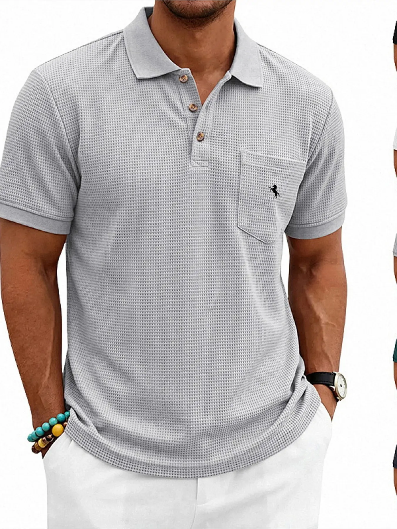 CY-87 Men's Summer Waffle Knit Short Sleeve Loose Fit American Polo Shirt