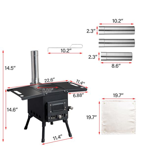 Portable Wood Burning Stove for Tent & Camping, Carbon Steel Folding Heater with 3 Chimney Pipes & Fire Blanket for Ice Fishing, Hunting & Cooking Portable Wood Burning Stove for Tent & Camping, Carbon Steel Folding Heater with 3 Chimney Pipes & Fire Blanket for Ice Fishing, Hunting & Cooking