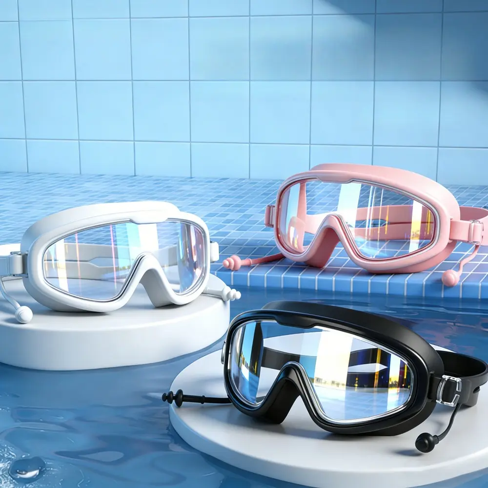 Wide Frame Anti-Fog Swimming Goggles Waterproof HD Swim Mask with Built-in Ear Plugs Silicone Comfort Snorkeling Diving Glasses for Men Women Adults