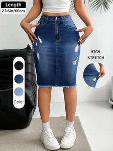 Women's Casual Button Slim-Fit Ripped Dark Wash Denim Skirt, High-Waisted Knee-Length with Pockets, All-Season Fashion for Daily Wear Bottom