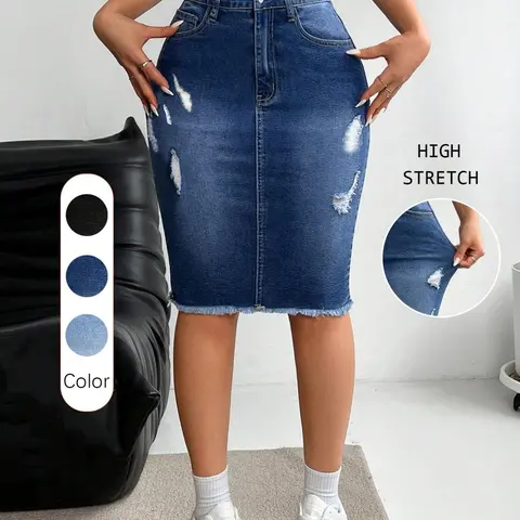 Women's Slim-Fit Ripped Denim Skirt, High-Waisted Knee-Length, Casual Button Closure, All-Season Fashion, Multiple Colors Available, Hip Hugging Skirt