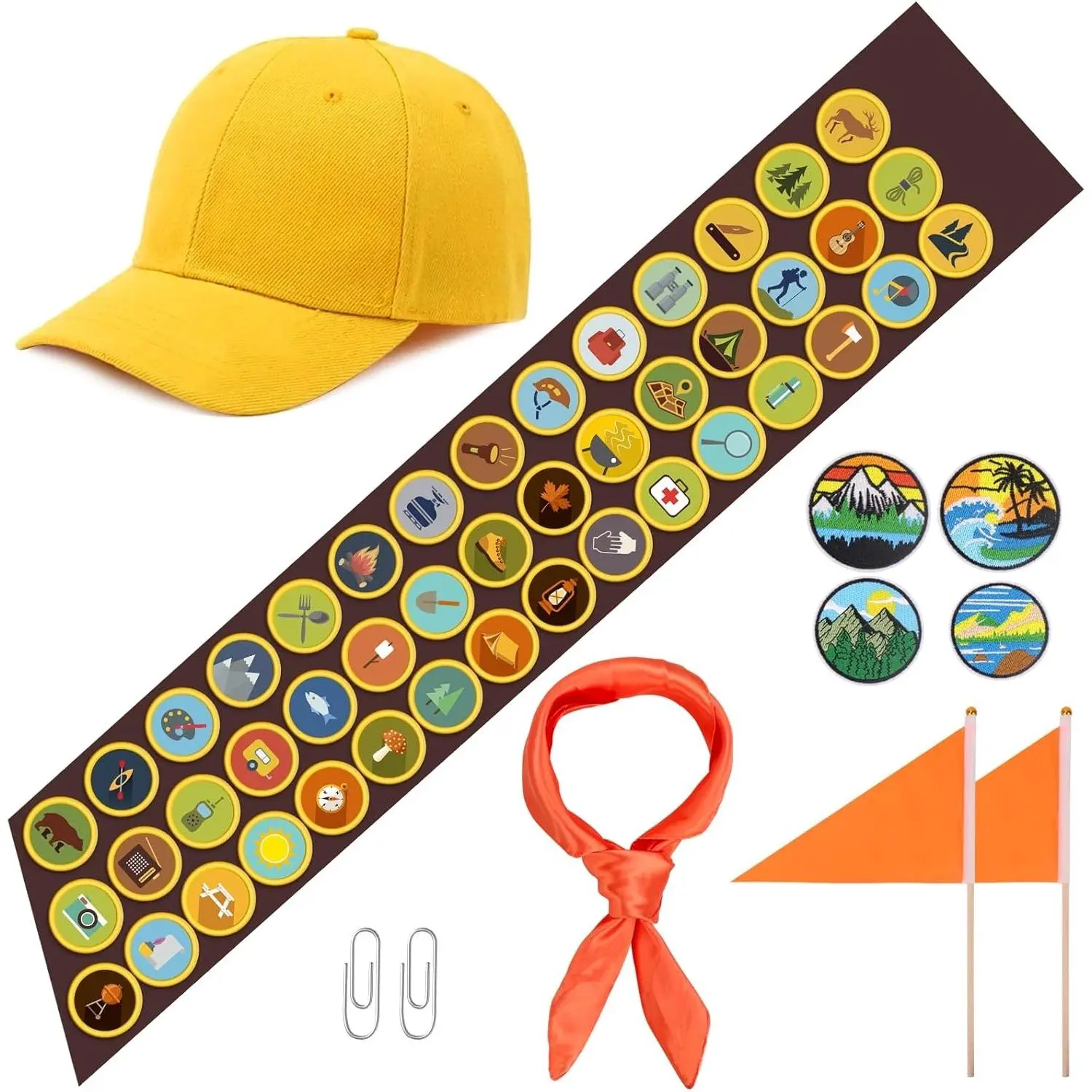 Scout Explorer Costume Set with Adventure Sash, Patches, Hat, Neckerchief & Flags for Adults Men Women Party Cosplay Accessories(Gift)