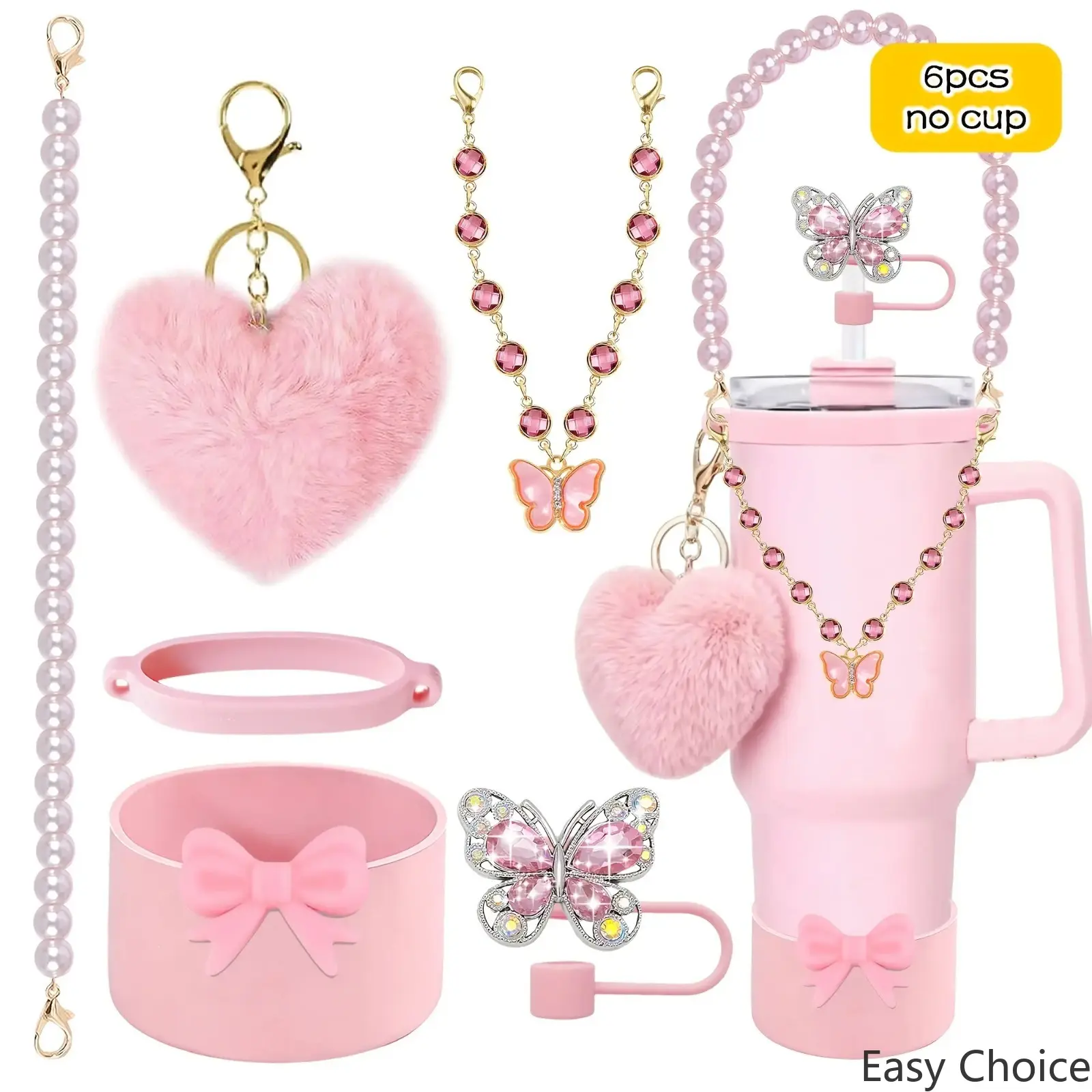 No Cup Included‑6‑Pack Cute Bow‑Butterfly Straw‑Cover & Silicone Straw‑Topper Set, Aesthetic Tumbler Accessory with Non‑Slip Cup‑Strap Charm, Reusable Drinkware Decor for Stanley Cups, Water Bottles, Parties & Gifting for Women & Teens