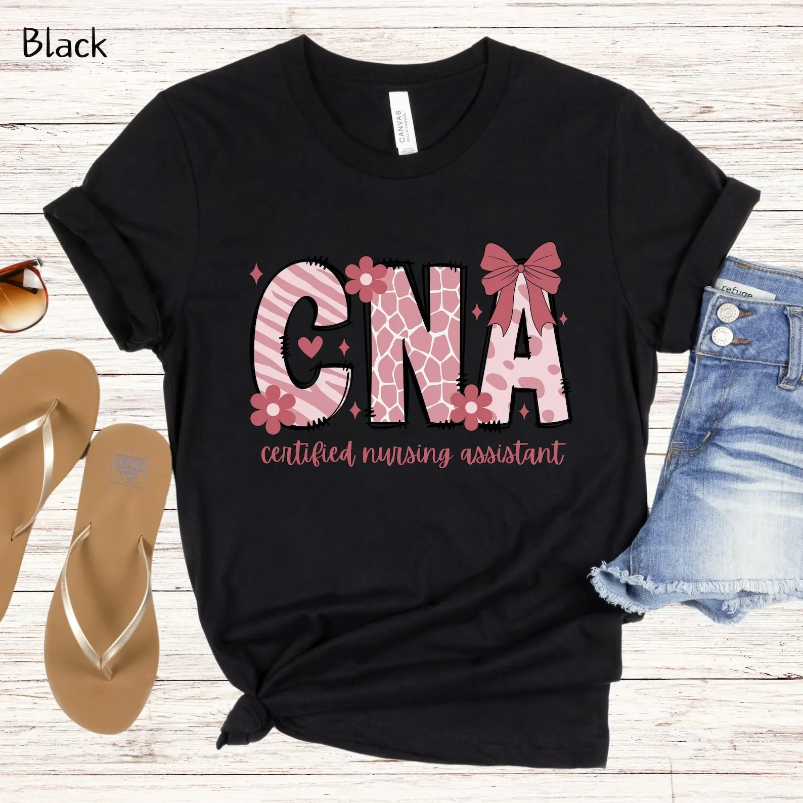 CNA Certified Nursing Assistant Pink Cow Print Bow Flower Graphic T-Shirt, Cute Healthcare Worker Nurse Gift Tee, Soft 100% 180g Cotton Unisex Casual Top S-3XL