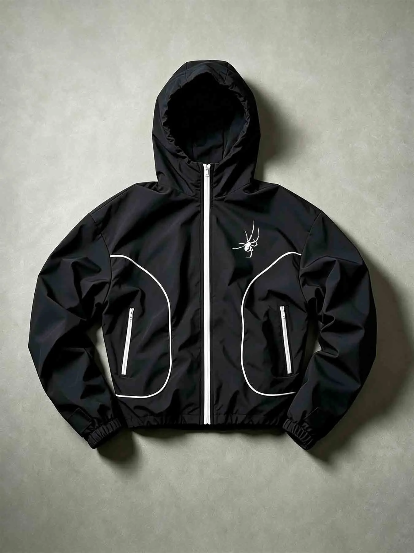 Men's Spring Fall Windproof Jacket, Trendy Casual Outerwear, Loose Fit, Full Zipper Hooded, Pockets, Spider Print, Urban Casual Streetwear, Versatile Top