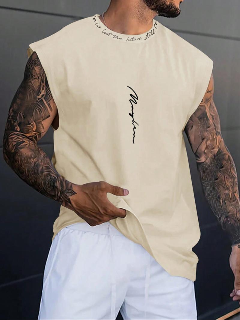 Men's Letter Print Round Neck Tank Top, Regular Fit Casual Sleeveless Crew Neck Top for Summer, Fashion Men's Clothes for Daily Wear, Casual Style Tee