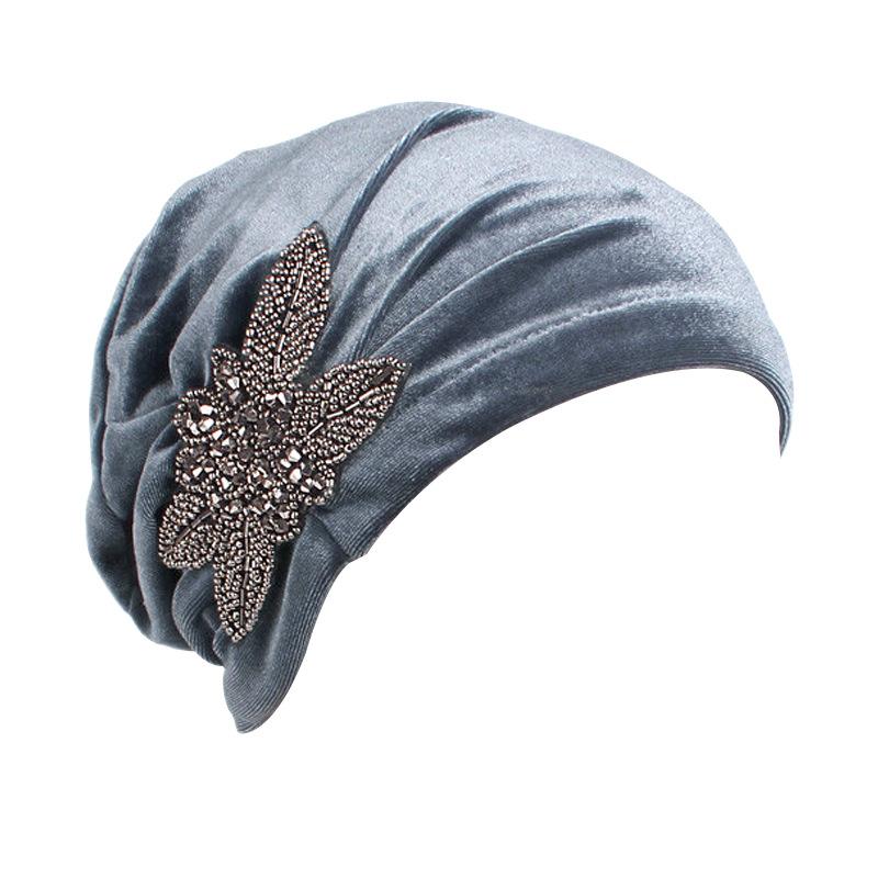 Velvet Pleated Turban Hat with Beaded Flower, Soft Hair Loss Bonnet for Women