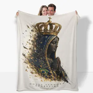 Assumption of Mary Flannel Blanket.Features Virgin Mary with a golden crown, praying hands, Brazil flag, & geometric pattern.Ultra-soft, cozy for all seasons.Ideal for home decor, camping, or naps.A perfect Christian gift for family and friends.