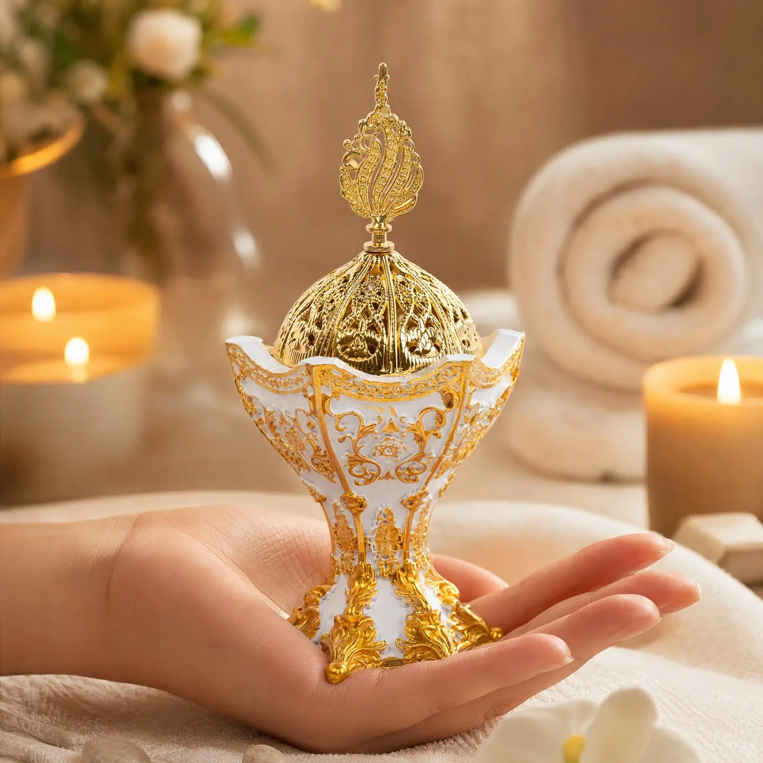 Vintage Hexagonal Pedestal Resin Incense Burner, Ornate Floral Embossed Aromatherapy Censer with Golden Hollow Filigree Dome Lid, 2 Color Options, Decorative Tabletop Ornament for Indoor Home Decor