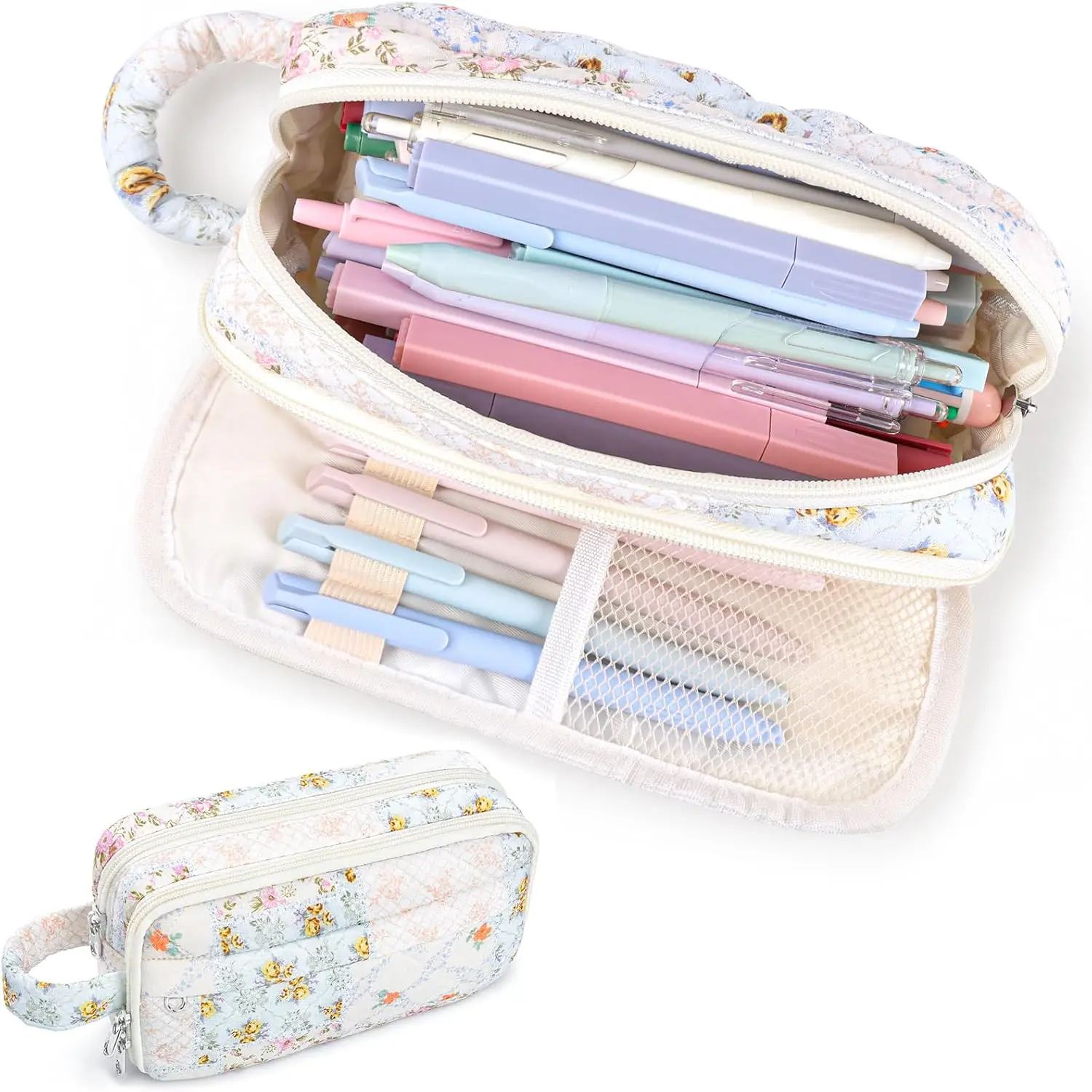 Cream Blue Quilted Pencil Case Organizer for Girls - Soft Puffy Floral Pouch with Compartments, Handle, Expandable Design - Machine Washable Office Stationery School Supplies Holder, Pencil Pouch