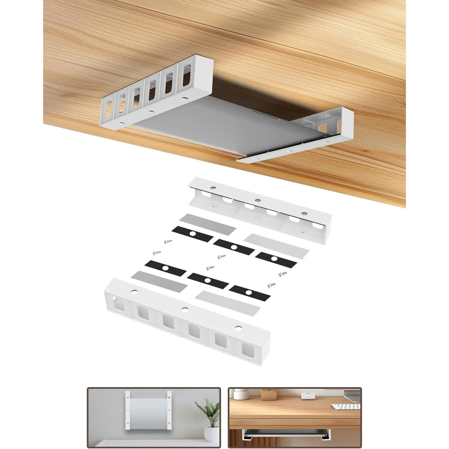 Under Desk Mount Holder or Wall Mount, Fit for Laptop, Keyboard, Routers, Modems, Cable Box, Network Switch and Devices Up to 40mm/1.57in Thick White