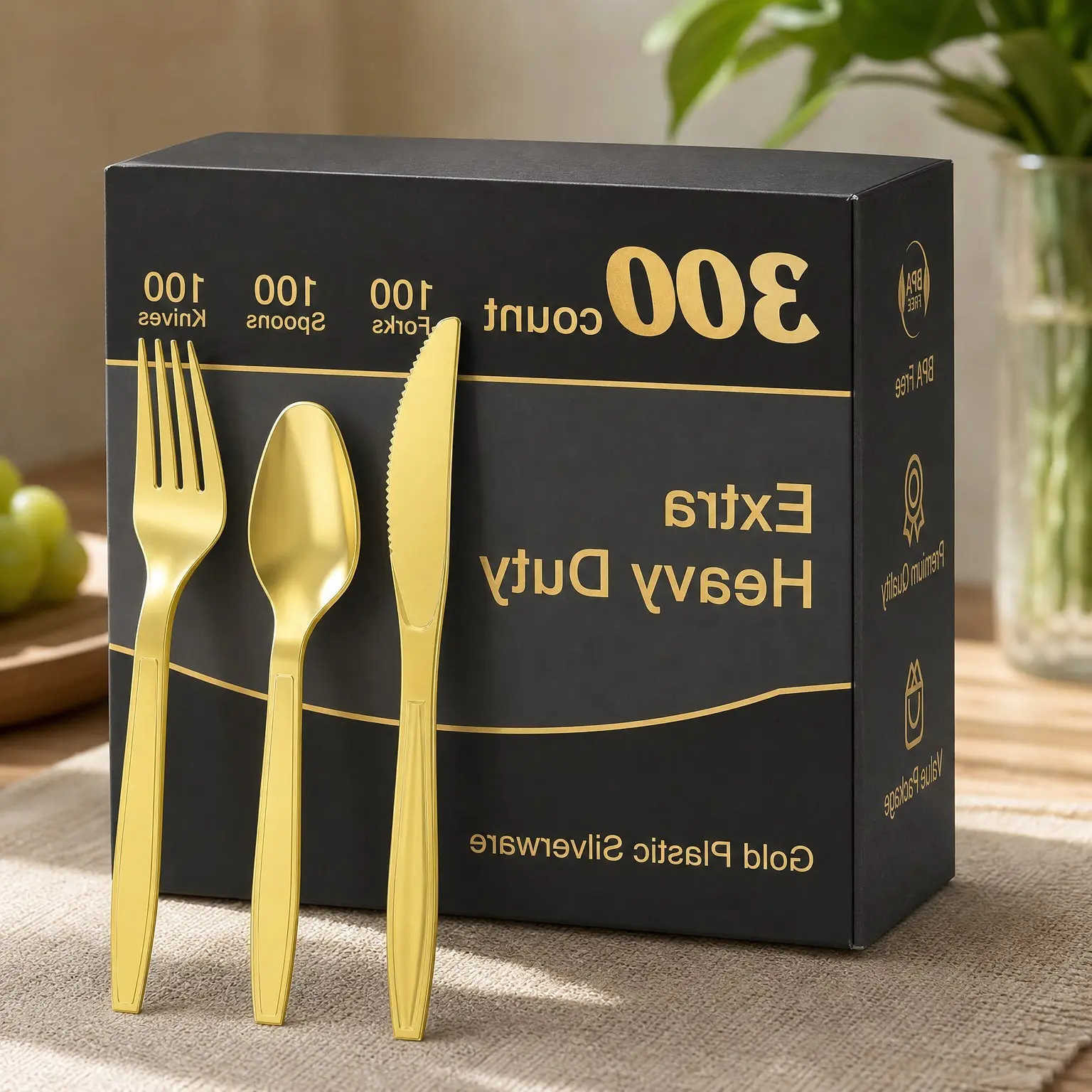 300 Count Extra Heavy Duty Gold Plastic Silverware | 100 Forks, 100 Spoons, 100 Knives, BPA-Free, Heat Resistant, Disposable Plastic Utensils Cutlery Set, Plasticware BulkGift