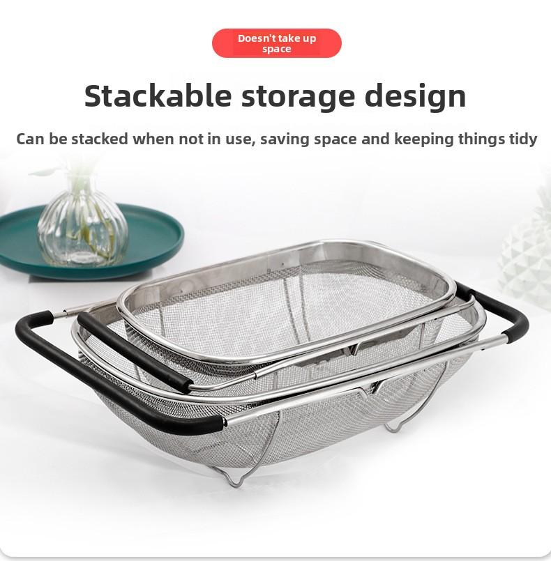 Stainless Steel Colander Strainer - 6-Quart Collapsible Colander with Expandable Rubber Handles - Rectangular Sieve, Fine Mesh Stainless Steel Strainers and Colanders for Kitchen