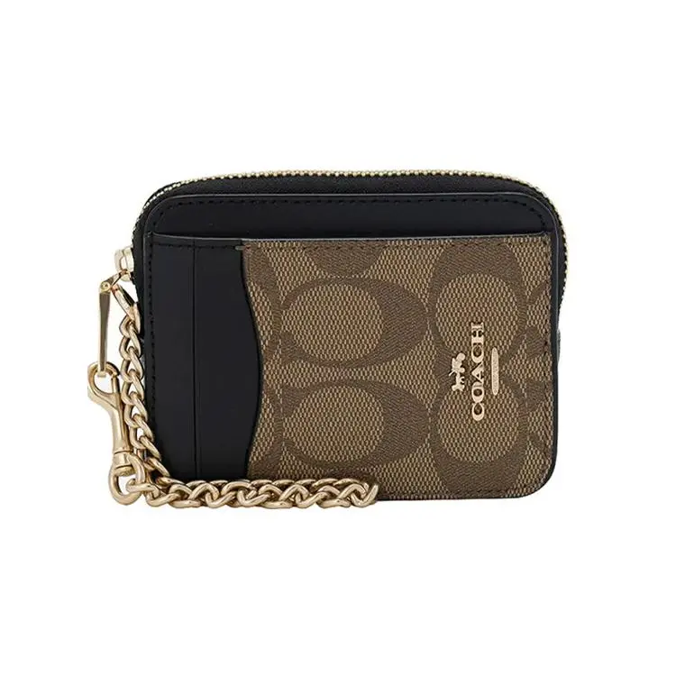 COACH Card Case with Logo Print, Canvas and Leather, Women's Handheld Wallet in Khaki and Black