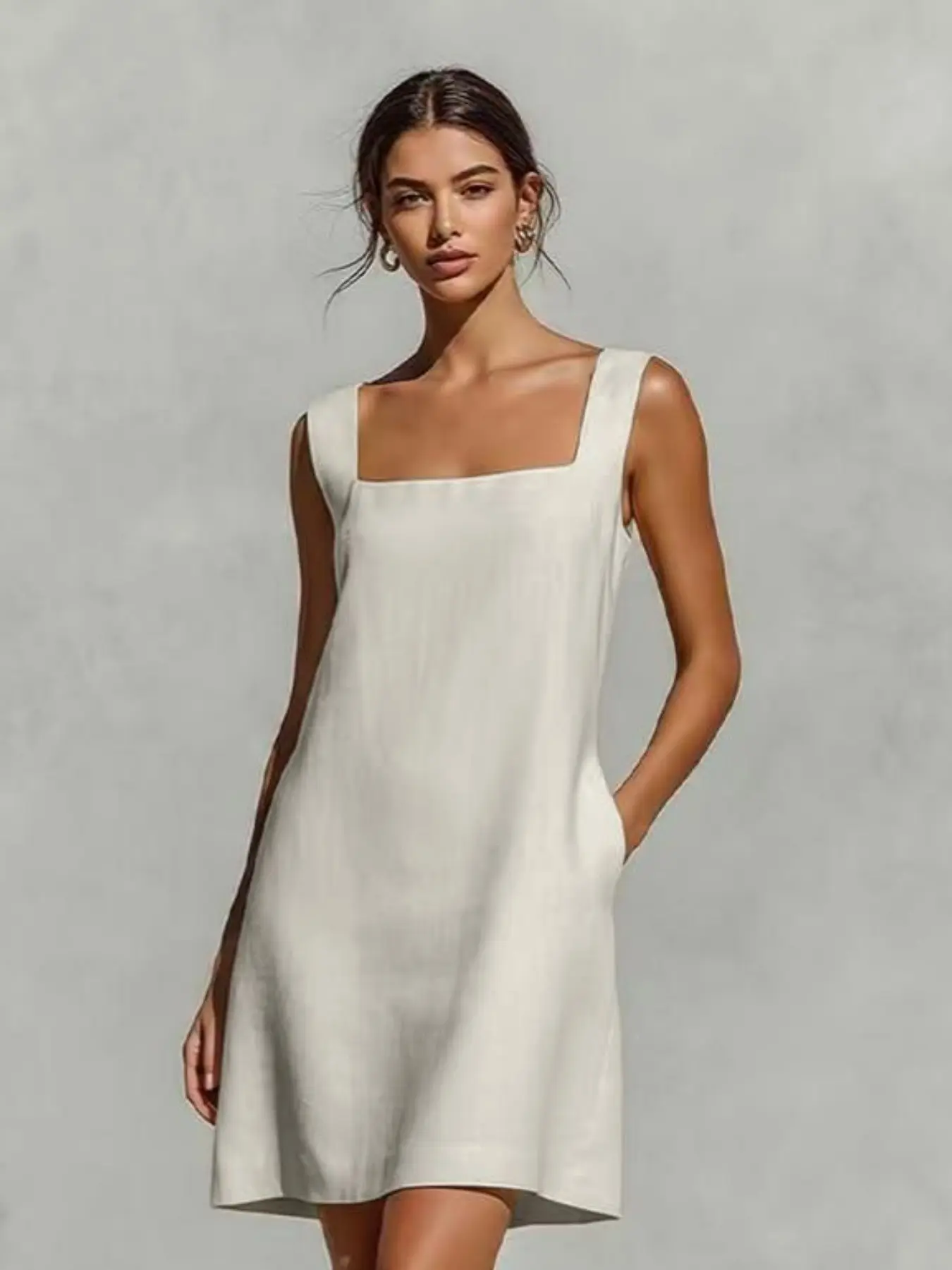 Women's Square Neck Sleeveless Linen Dress, Casual Loose Fit with Pockets, Summer Basic Tank Skirt, Comfortable and Stylish