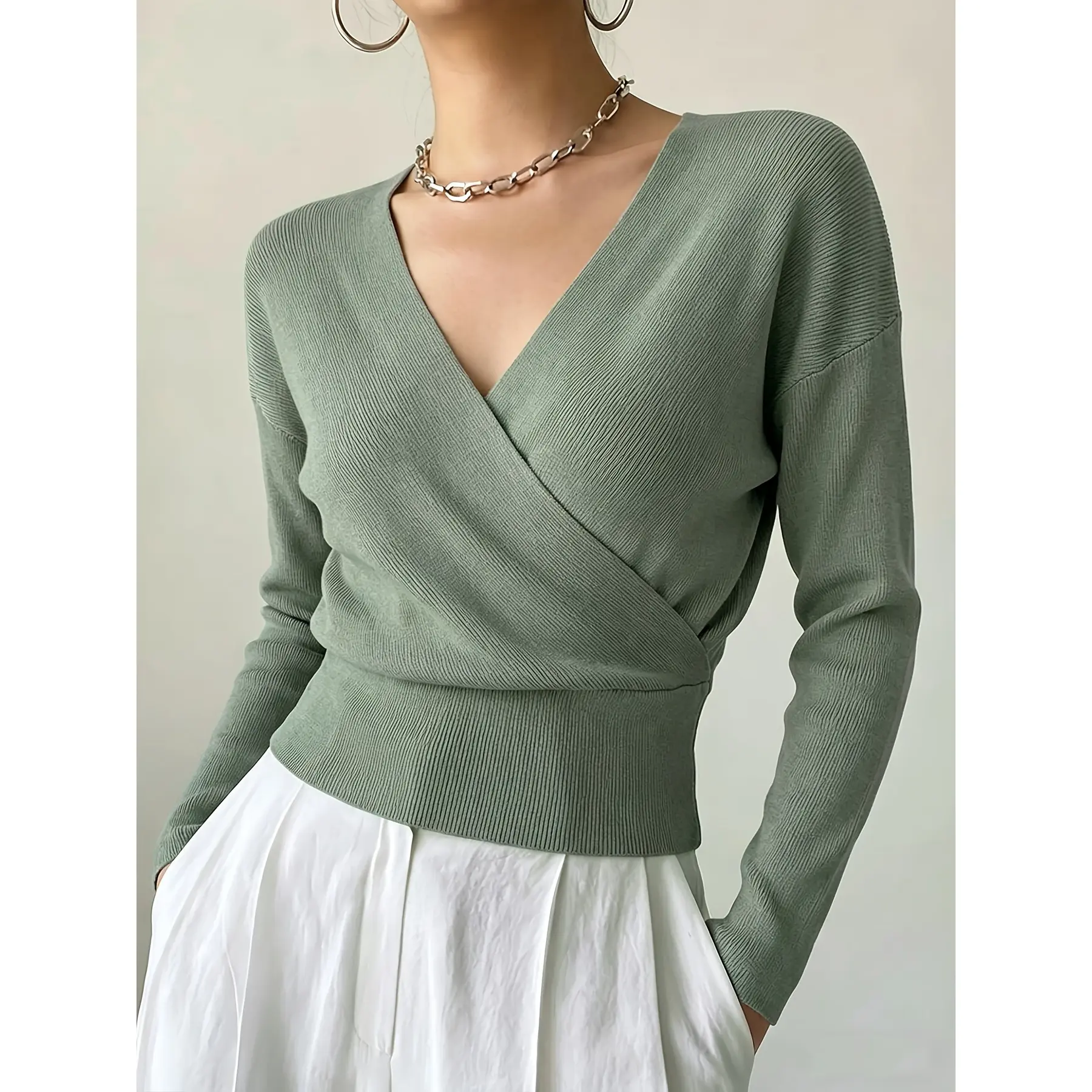 Women's Wrap V Neck Knit Top, Long Sleeve Pullover Sweater with Fitted Waist, 100% Viscose Solid Color Fine Knit, Chic Dressy Fall Top for Going Out, Classy Everyday Wear, Date Night, Weekend, Casual Outfits, Layering, Women's Fall Clothing