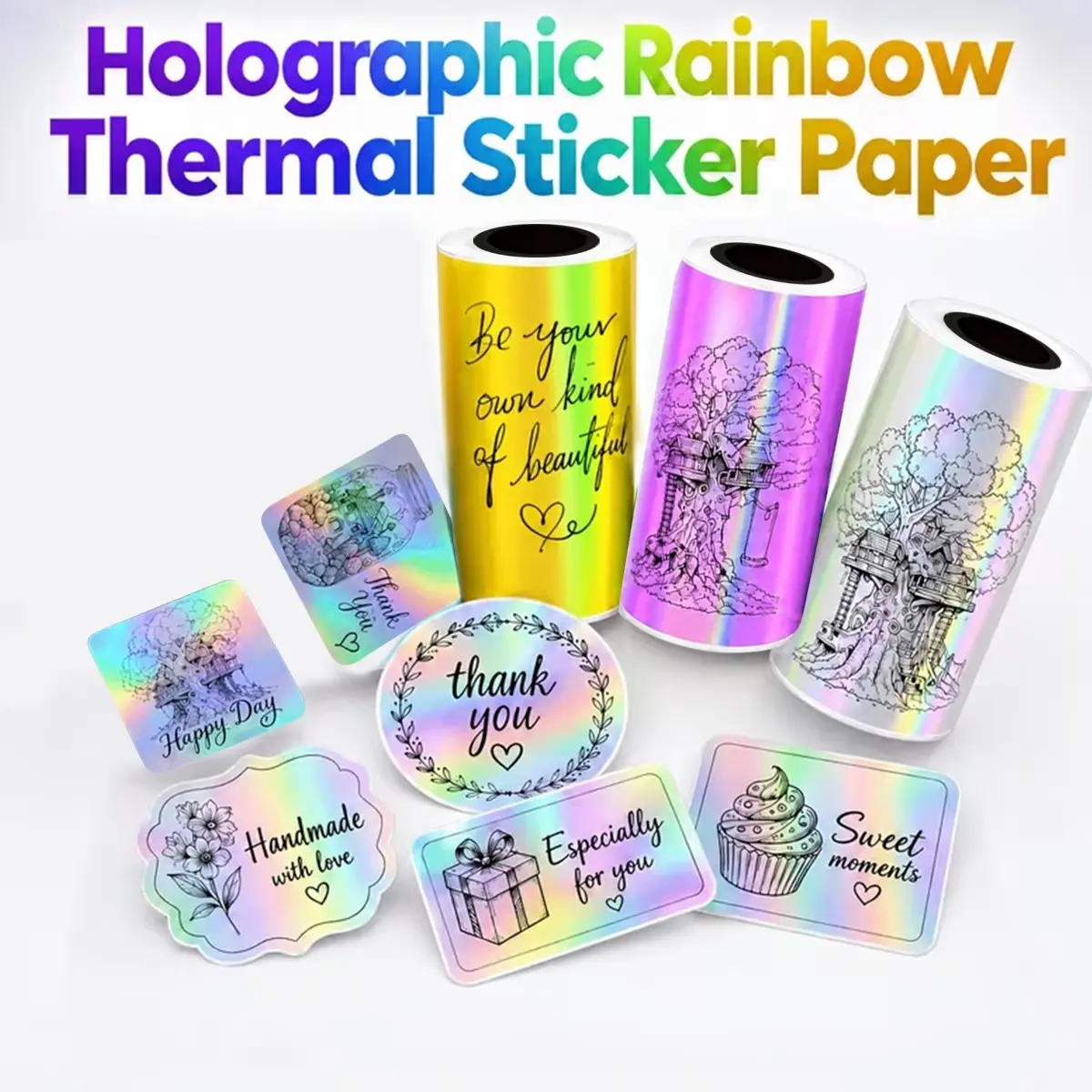 Rainbow Flash Holographic Stickers, Multi-Use Thermal Hologram Stickers, Compatible with Mini Portable Printers, DIY Decorations, Aesthetic Stickers