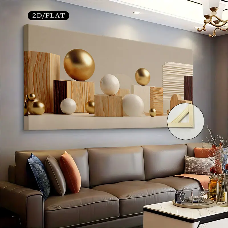 2D painting, 1 piece framed modern luxury bedroom artwork, size 19.68inch x 39.37inch or 50cm x 100cm, high-quality print, suitable for Christmas and Halloween decoration, featuring a combination of golden spheres and wooden blocks