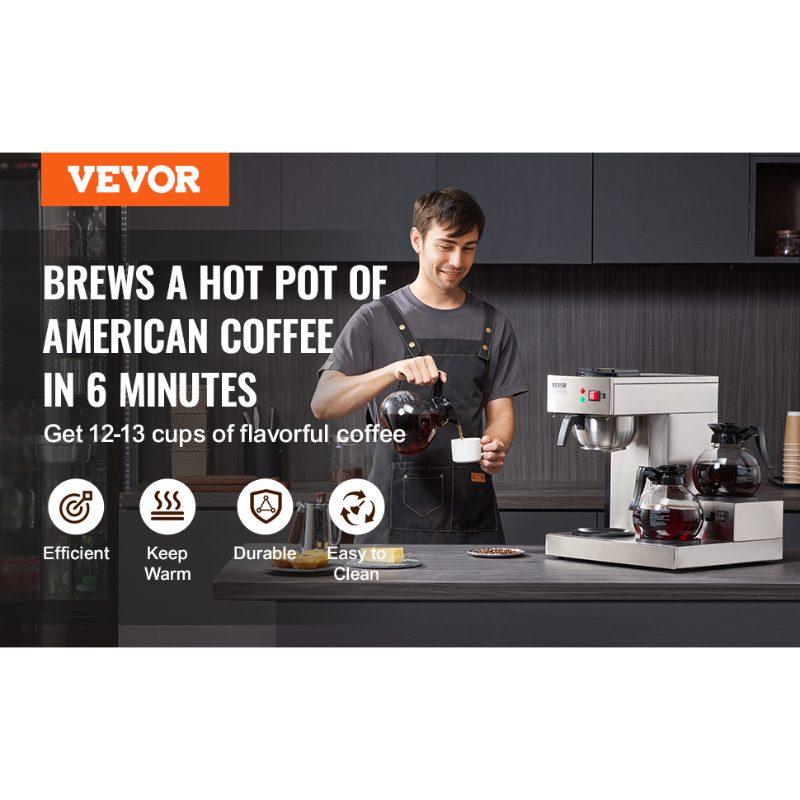VEVOR 12 Cups Commercial Drip Coffee Maker, Coffee Maker Machine with 3 Glass Carafes and 3 Warmer Plates, Stainless Steel Pour Over Coffee Brewer with Auto Water Intake, for Restaurant Office Cafe