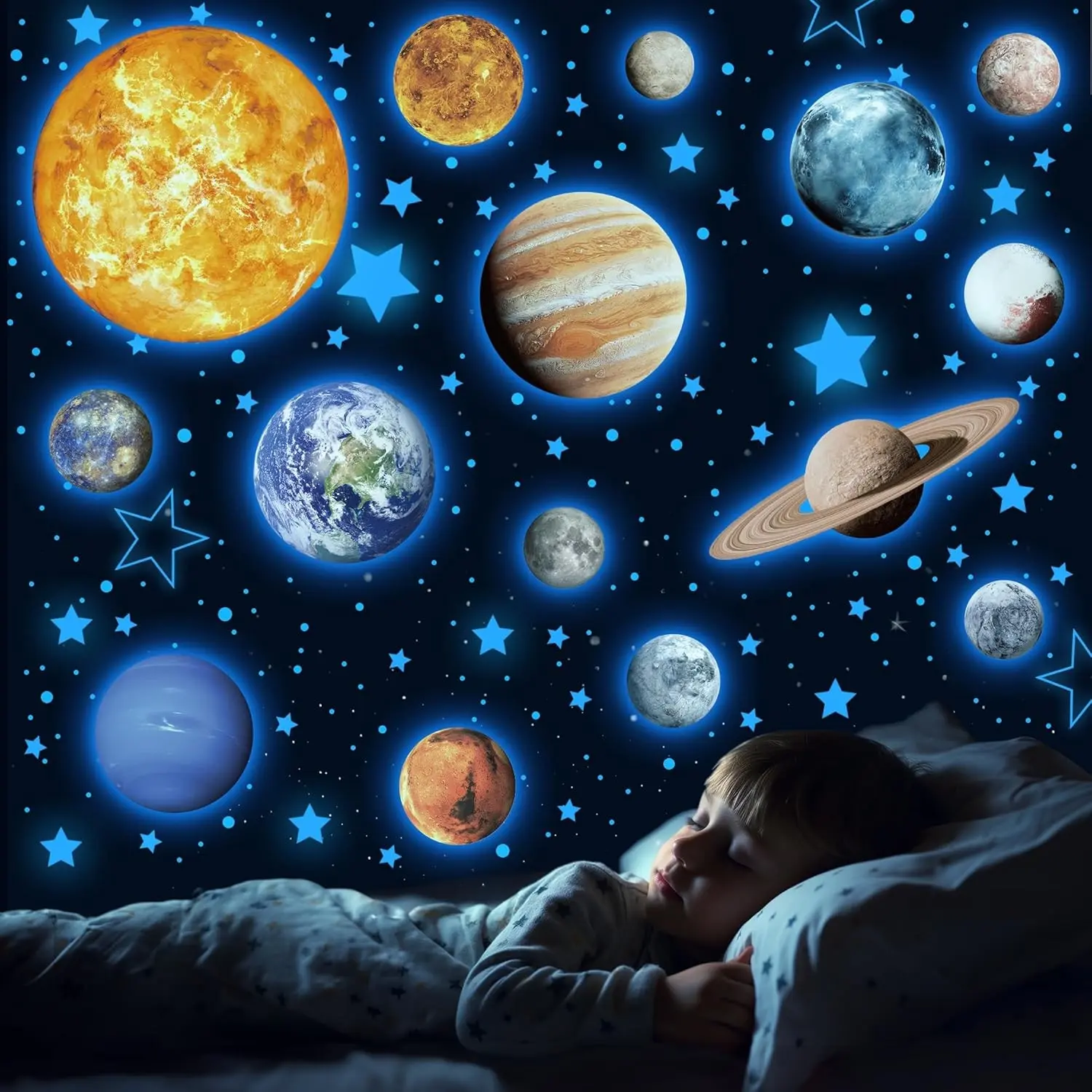 780-PCS Decorative Smooth Removable Blue Solar System Glow-in-the-Dark Galaxy Wall Decals - Shiny Glossy Stars, Planets Stickers for Ceiling, Nursery Kids Room, Ideal for Wood, Door Home Supplies Gift