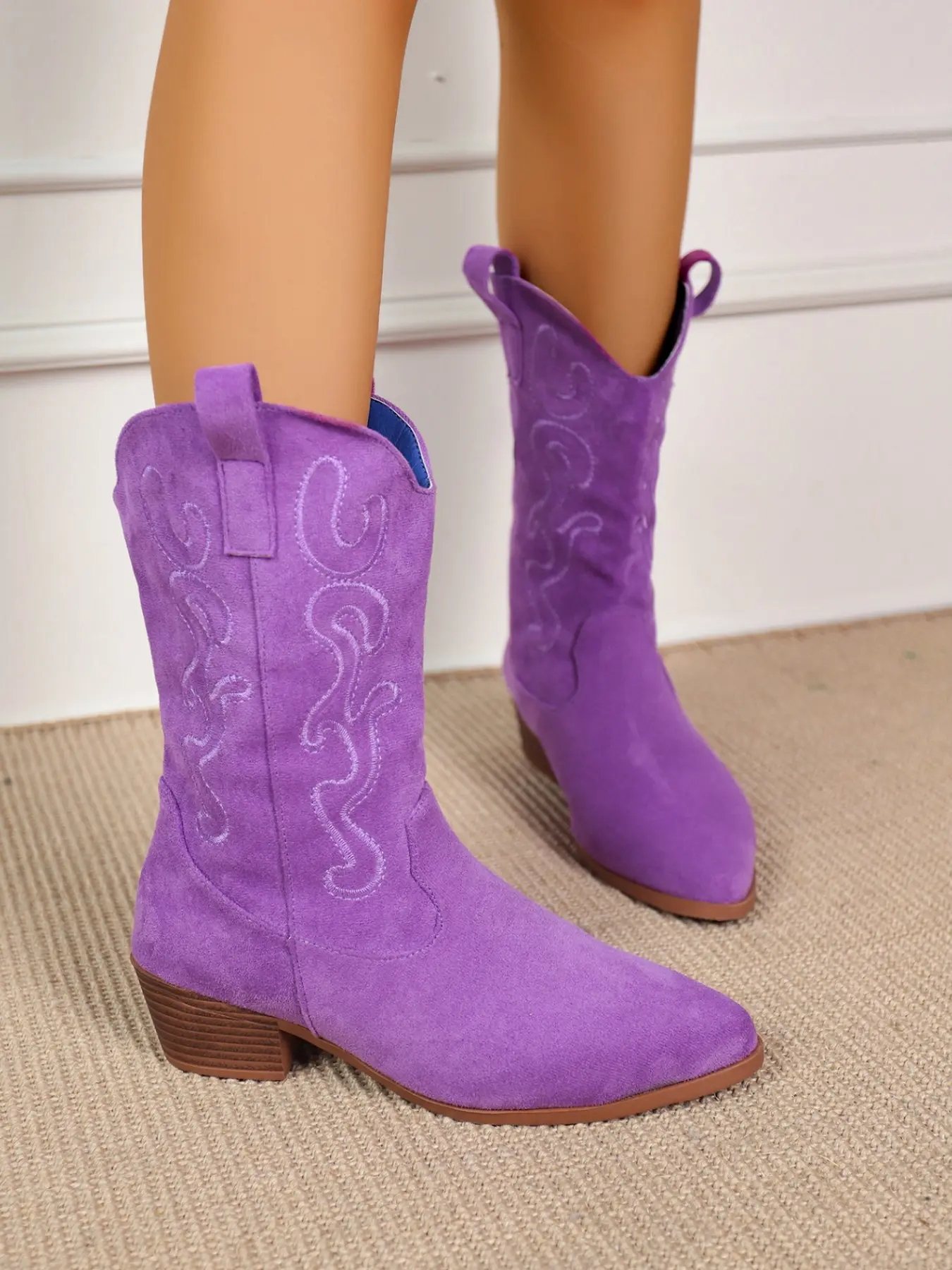 Elegant Embroidered Cowgirl Boots for Women, Mid-Calf PU Leather Shoes, Pointed Toe, Rubber Sole, All Seasons Fashion Booties