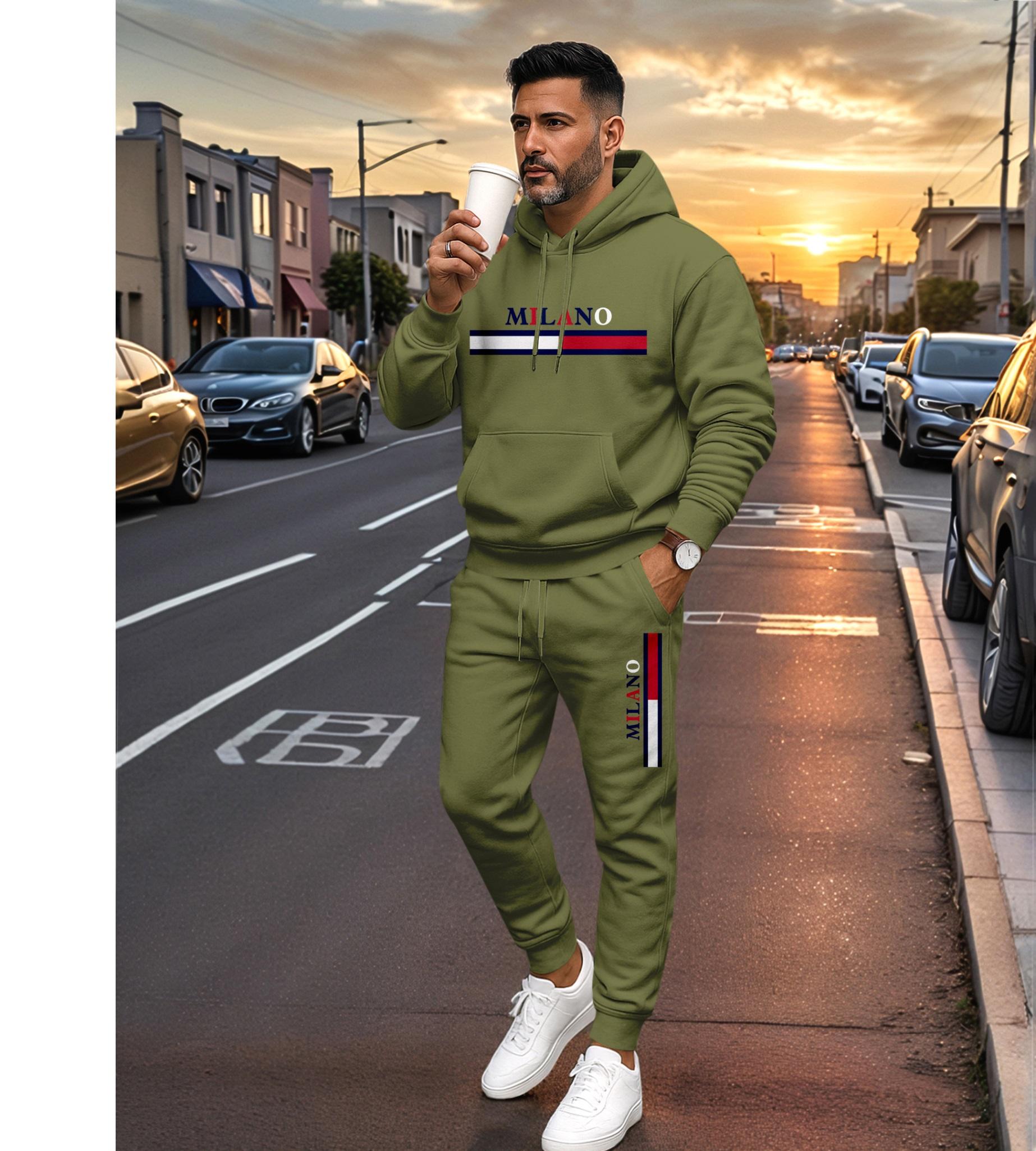 Men's MILANO Letter Pattern Print Hoodie and Drawstring Sweatpants Set, Menswear, Casual Athletic Long Sleeve Hooded Jacket & Trousers for Fall & Winter, Men's Clothing for Daily Wear, Sportswear Indoor Outdoor, Tracksuit, Athleisure