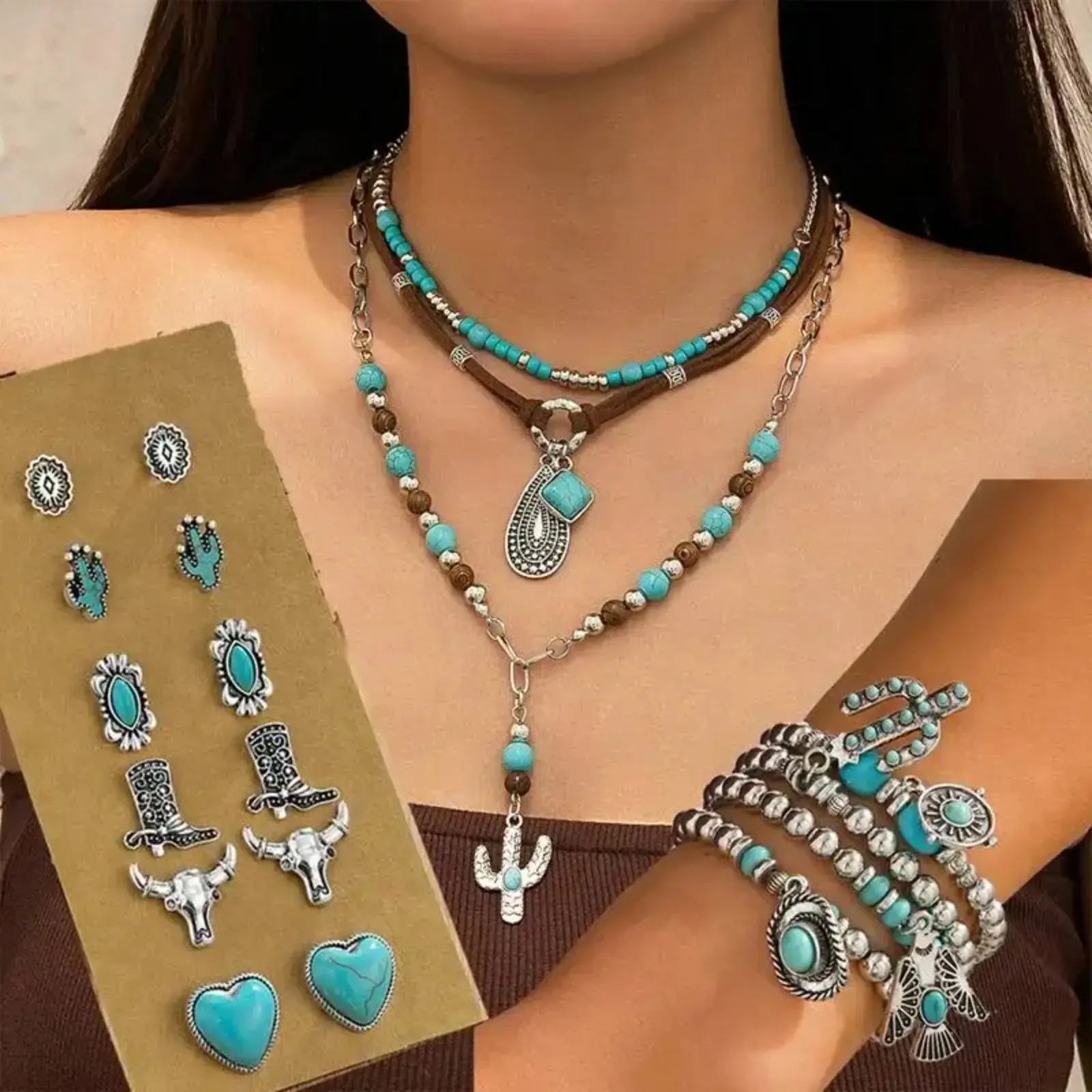 Women's 19pcs Antique Look Western Jewelry Set - Cowboy Turquoise Necklace, Cactus Earrings, Layered Bracelets Bundle, Country Festival & Rodeo Party Value Gift
