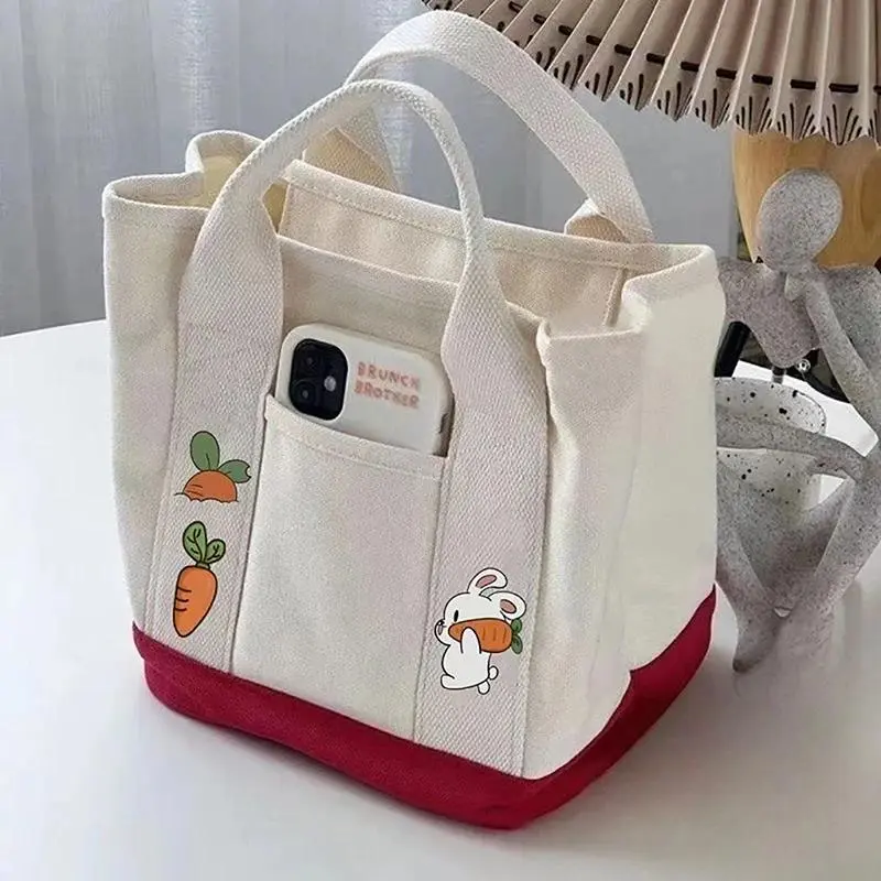 1PC Cartoon Rabbit Carrot Women Handbag Canvas Women's Tote Bag Portable Large Capacity Multi Pocket Lunch Bag