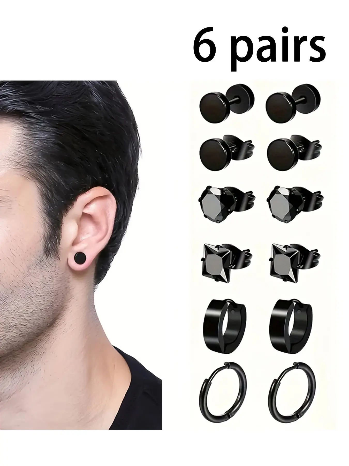 6 Pairs Stainless Steel Hoop Earrings Set, Punk Style, Hypoallergenic, Unisex, Perfect for Daily Wear or Parties, Ideal Gift