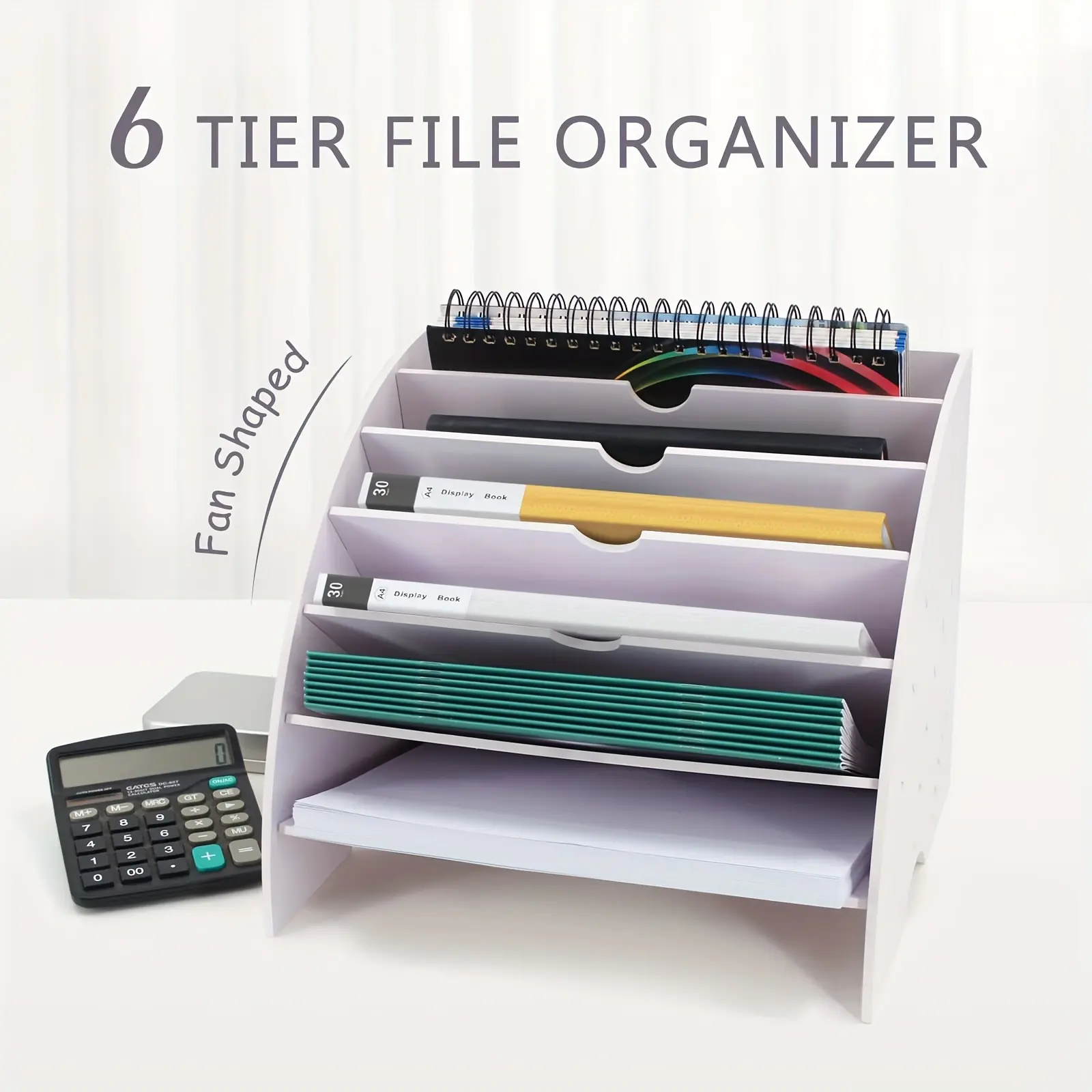 Foldable White Fan-Shaped Desk File Organizer, 6-Tier Color-Coded-like Sections (No Color-Coded Tabs) Plastic Manual File Sorter, Binder-Free Paper Mail Organizer for Home Office Classroom Dorm