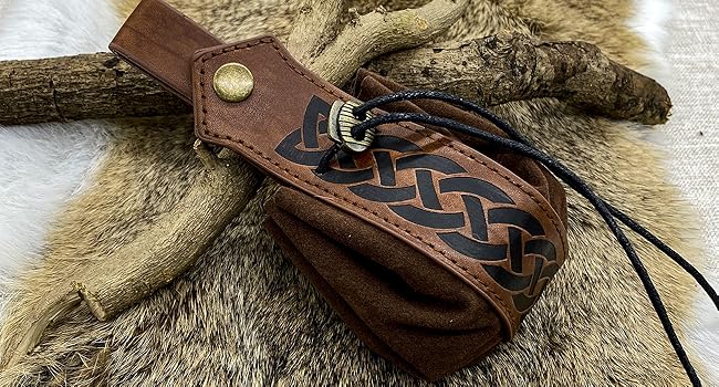 Vintage Medieval Faux Leather Drawstring Pouch, Middle Ages Portable Coin Purse, Rivets Belt Pouch Dice Bag For LARP Ren Faire (Brown A)