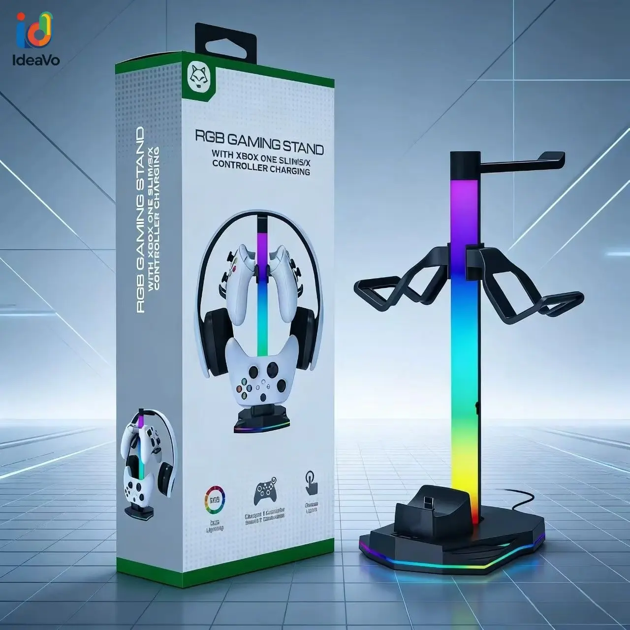 Ideavo RGB Gaming Stand, Controller Charging for Xbox, Multi USB & Type-C Ports, Game Headset & Controller Storage, RGB Light Indicator, Gaming Controller Mount