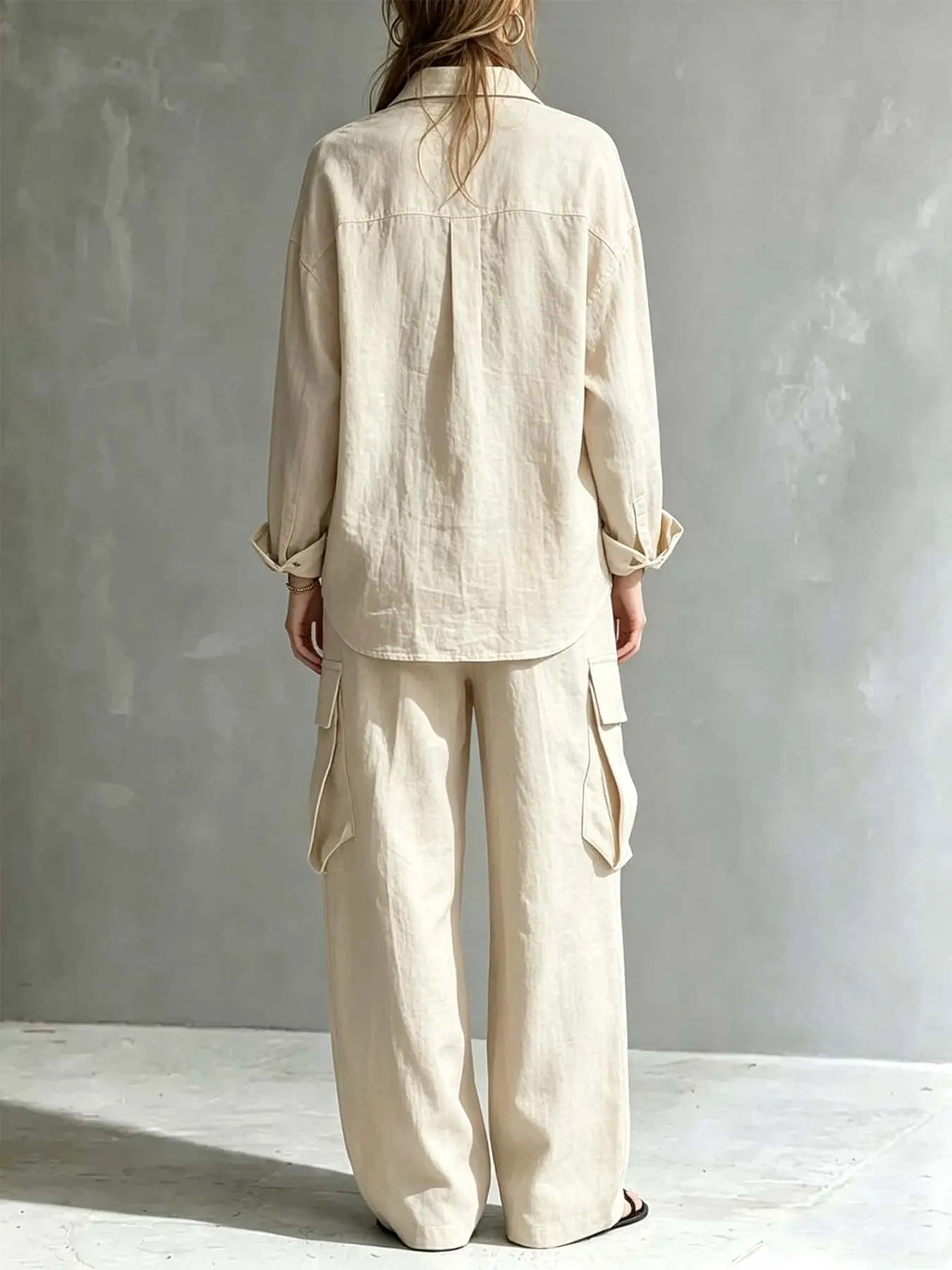 Women 2 Piece Cargo, Lapel Long Sleeve Shirt, Wide Leg Multi Pocket Pants, Elastic Waist, Loose Fit, Casual Streetwear Set