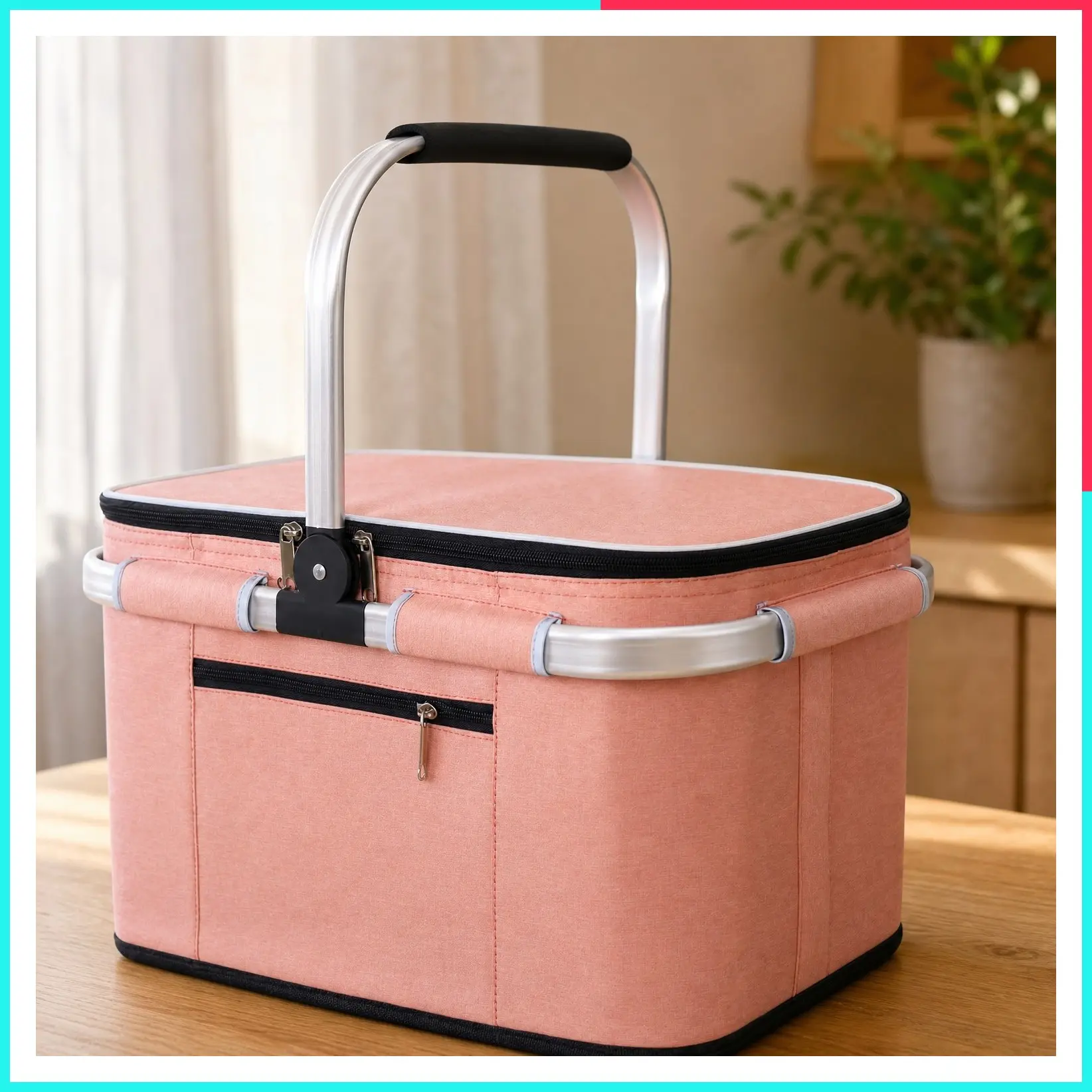 35L Large Insulated Leak-Proof Picnic Basket with 2 Layers of Internal Pockets, Folding with Internal Support for Enhanced Stability, Wedding Gift for Couples (Salmon Color)