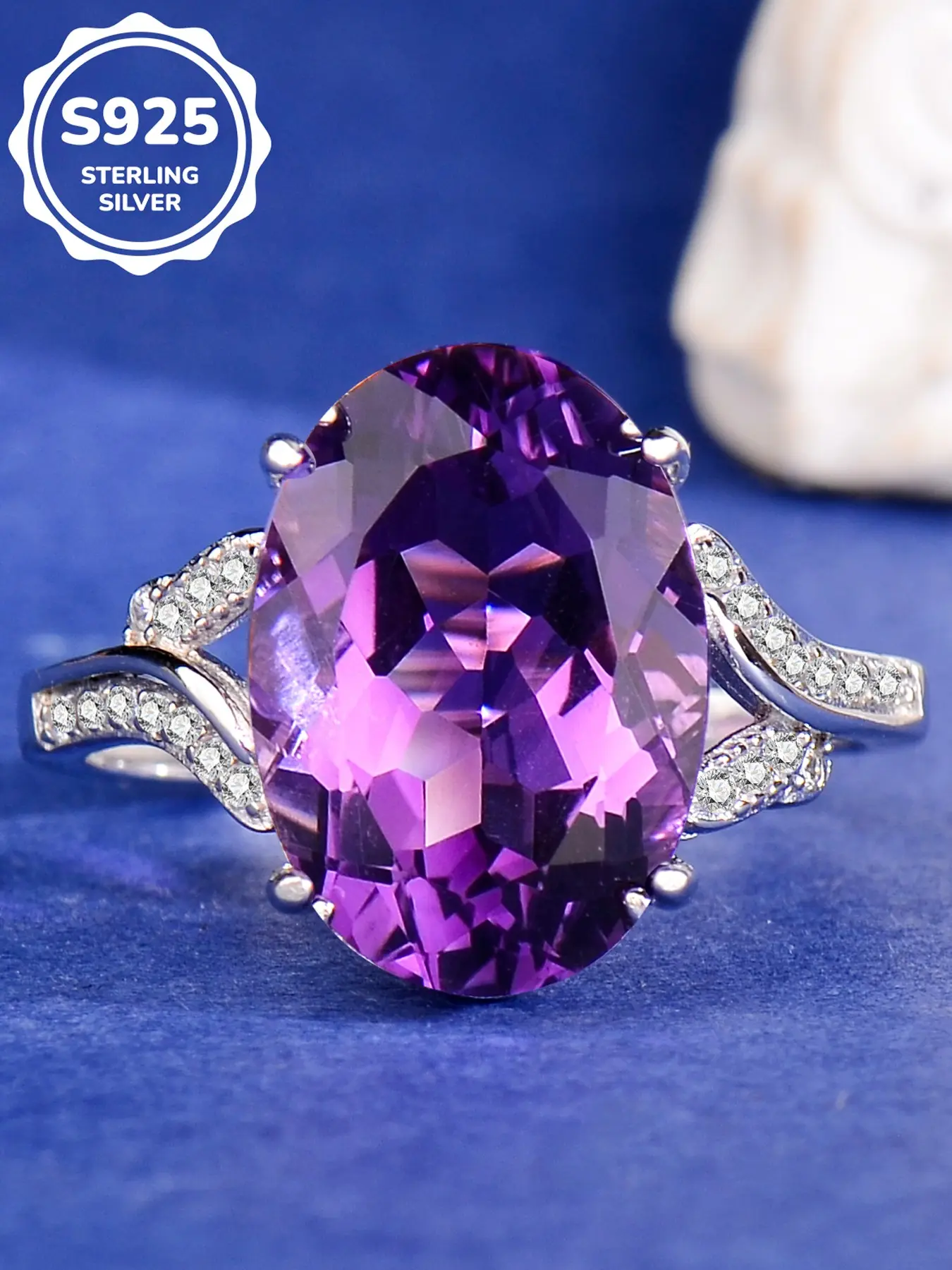 Natural Oval Amethyst Ring, 925 Sterling Silver Adjustable Gemstone Ring, Elegant Open Band Purple Crystal Ring for Women, Adjustable Open Rings