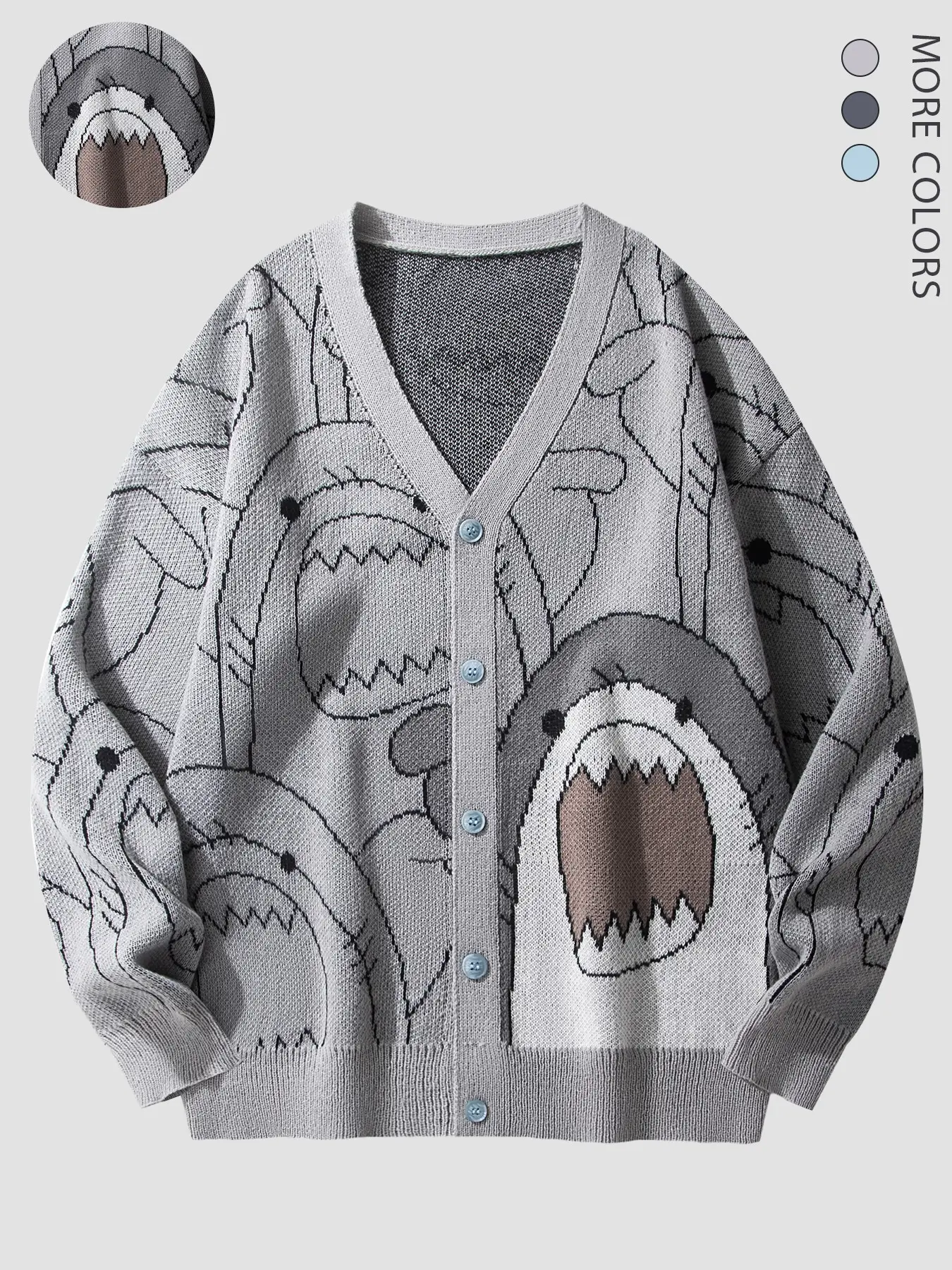 Autumn Winter Unisex V-Neck Knit Cardigan, Cartoon Shark Full Print Button-Up Sweater Coat, Soft Loose Casual Street Style, 3 Colors Available