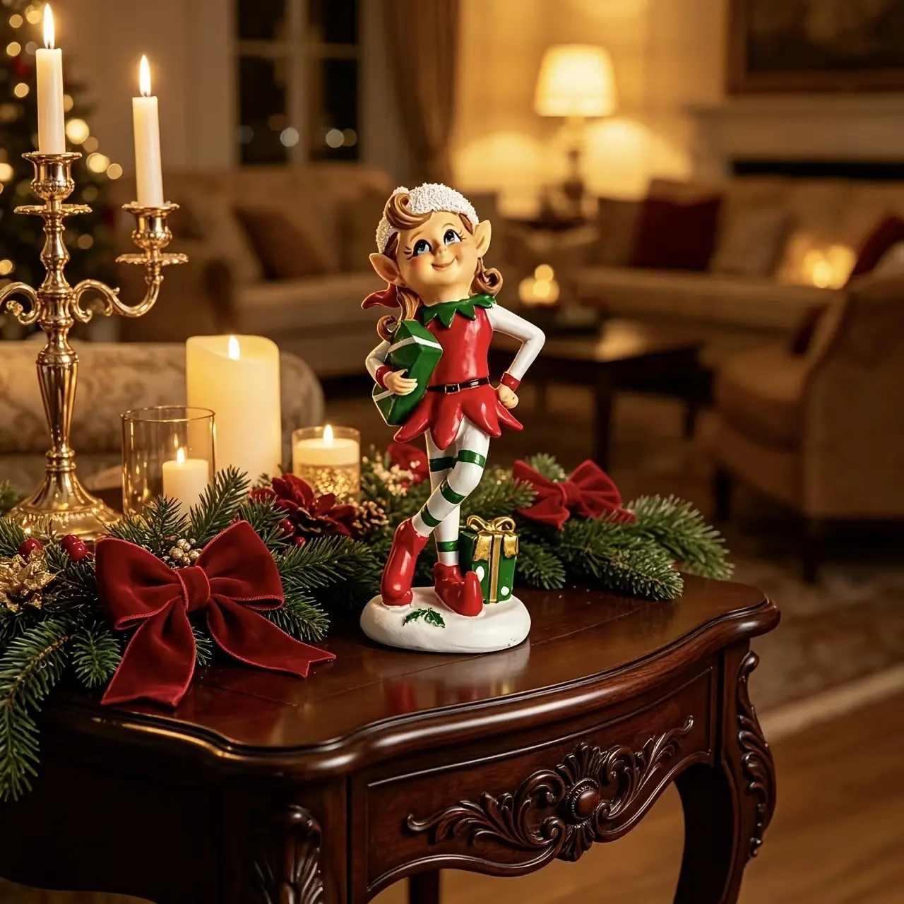 Cute Christmas Elf Gift Holding Ornament, Striped Elf Decor, Living Room Entryway Holiday Home Decoration, European Style Festive Desk Accent