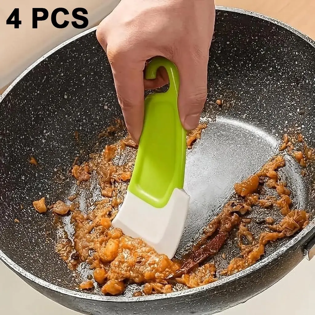4 Pcs Silicone Pan Scraper Set, Soft Blade Scraper Brush, Food Grade Non-Scratch Pot Scrapers with Ergonomic Hanging Handle, Flexible Dish Scraper for Cleaning Burnt Food & Grease, Perfect for Non-Stick Pans, Cookware, Baking Sheets