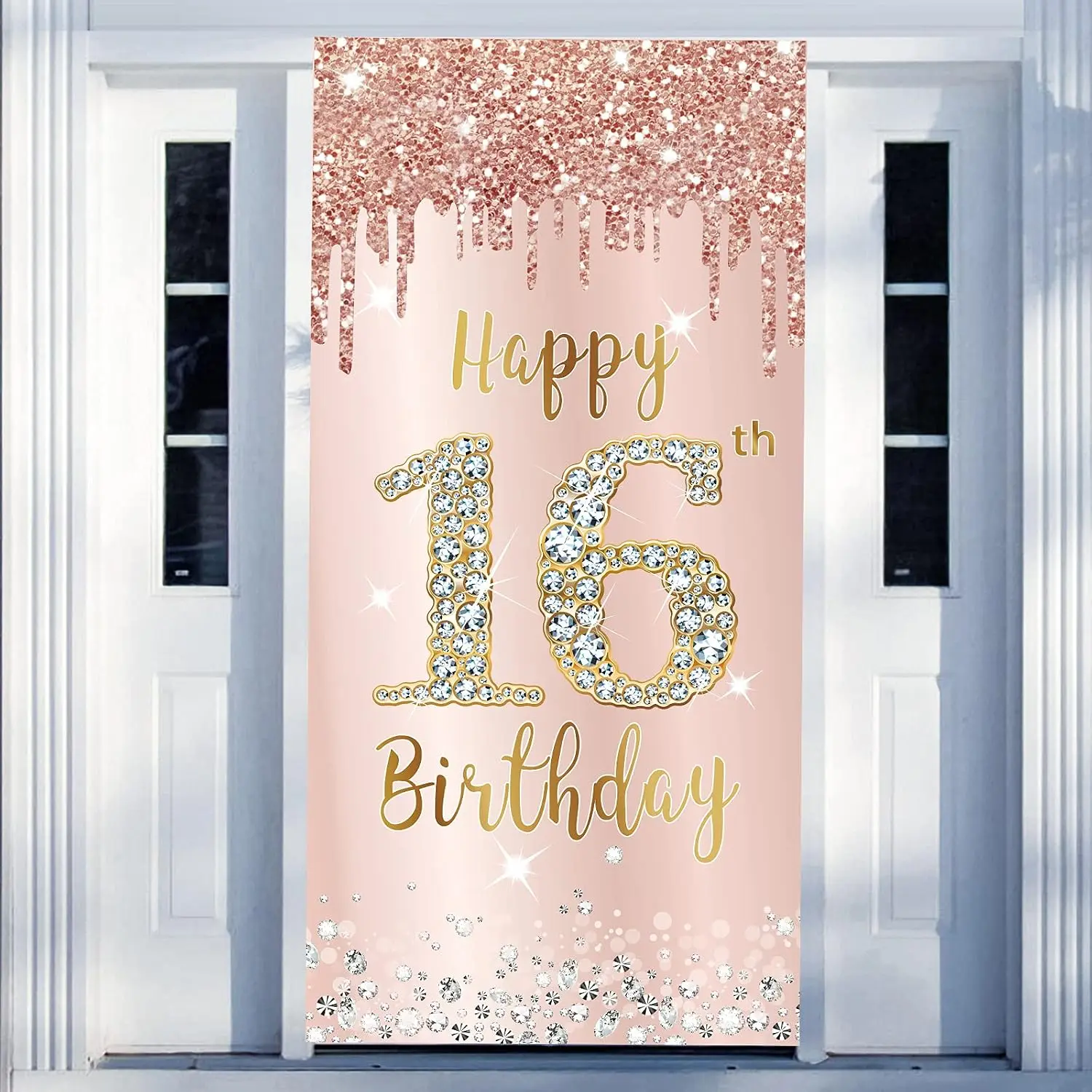 16th Birthday Door Banner Decorations for Girls,  Rose  Sweet 16 Birthday Door Cover Backdrop Party Supplies, Large Happy Sixteen Year Old Birthday Poster Sign Decor