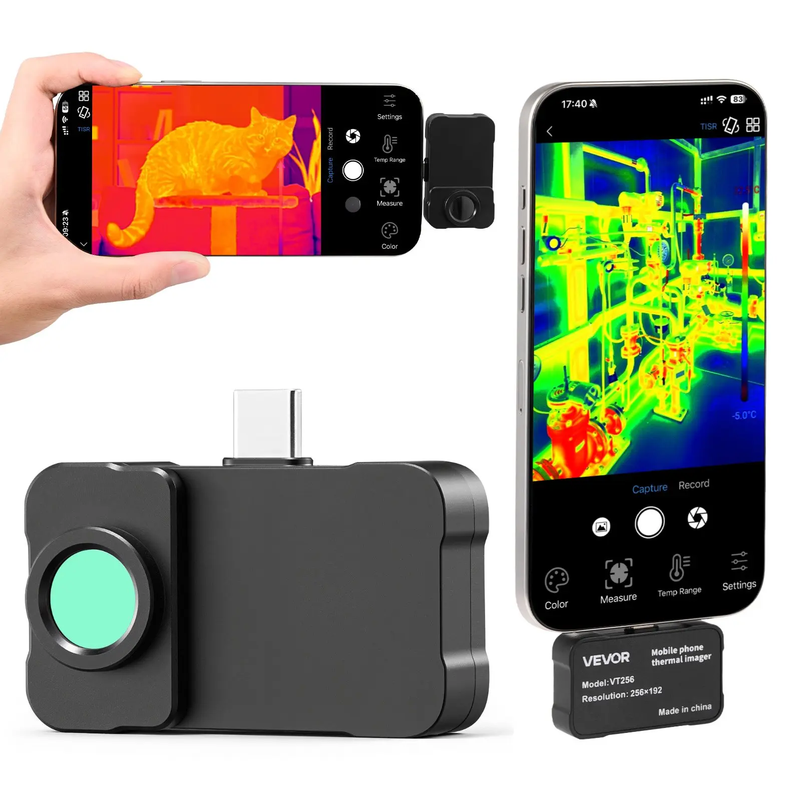 VEVOR Smartphone Thermal Imaging Camera for Android & iOS Tablets, 512x384 Super Resolution, Macro Lens, 25HZ Refresh Rate, 256x192 IR Resolution, -4°F to 1022°F, 31g (1.09 oz), 1.97x0.71x1.50 in