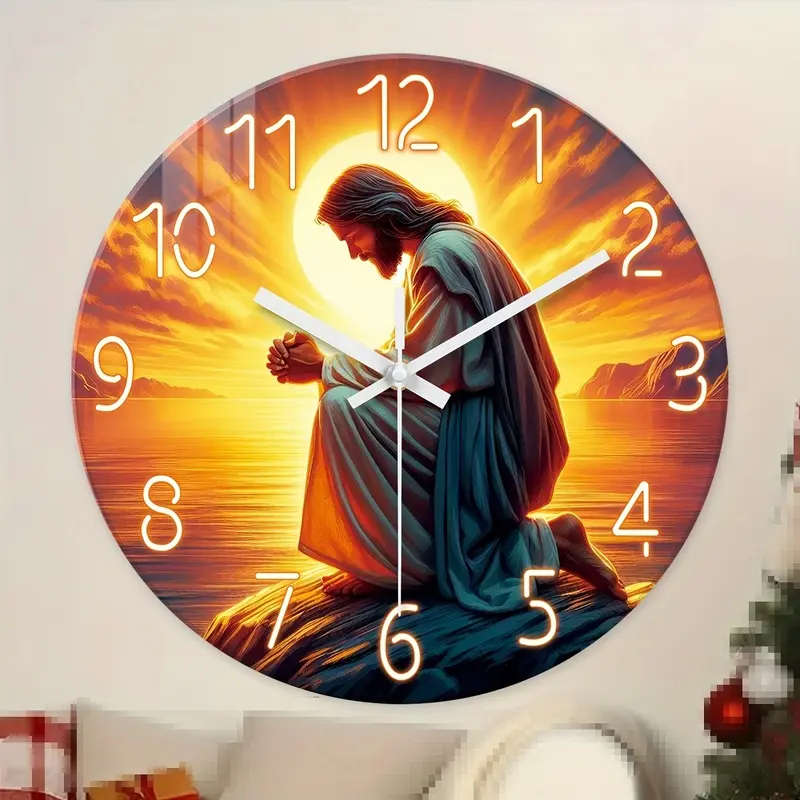 Religious Prayer Clock, Decorative Clock - Jesus Prayer Design, Sunrise and Sunset Background, Silent Movement, Christian Home Decor, Suitable for Home, Church - Easter, Birthday, Housewarming Gift - 12/16inch - Batteries Not Included