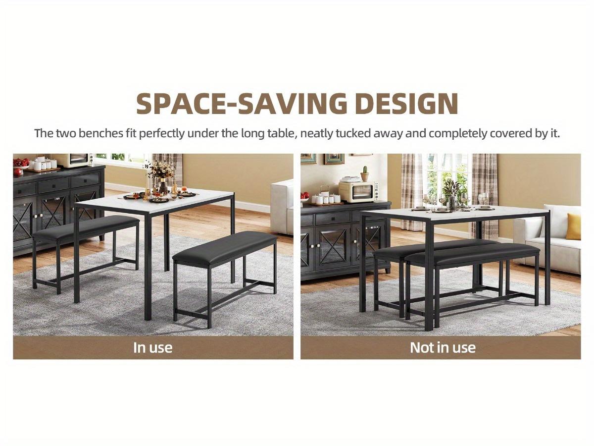 Marble Dining Table Set for 4 with Faux Marble Top and PU Leather Upholstered Benches, 3 Piece Dining Set for Small Spaces, Kitchen Table with Bench, Space-Saving Design Marble Dining Table Set for 4 with Faux Marble Top and PU Leather Upholstered Benches, 3 Piece Dining Set for Small Spaces, Kitchen Table with Bench, Space-Saving Design