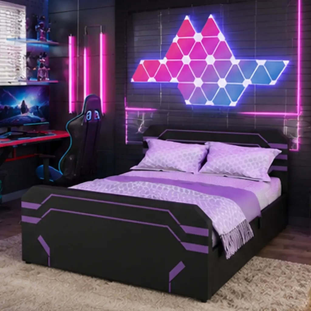 Cyberpunk ARCH Queen Size Upholstered Platform Bed Frame with Hydraulic Lift Storage, Futuristic Pattern Base, Padded Headboard, No Box Spring Needed, Purple+Black, for Gamers' Bedrooms