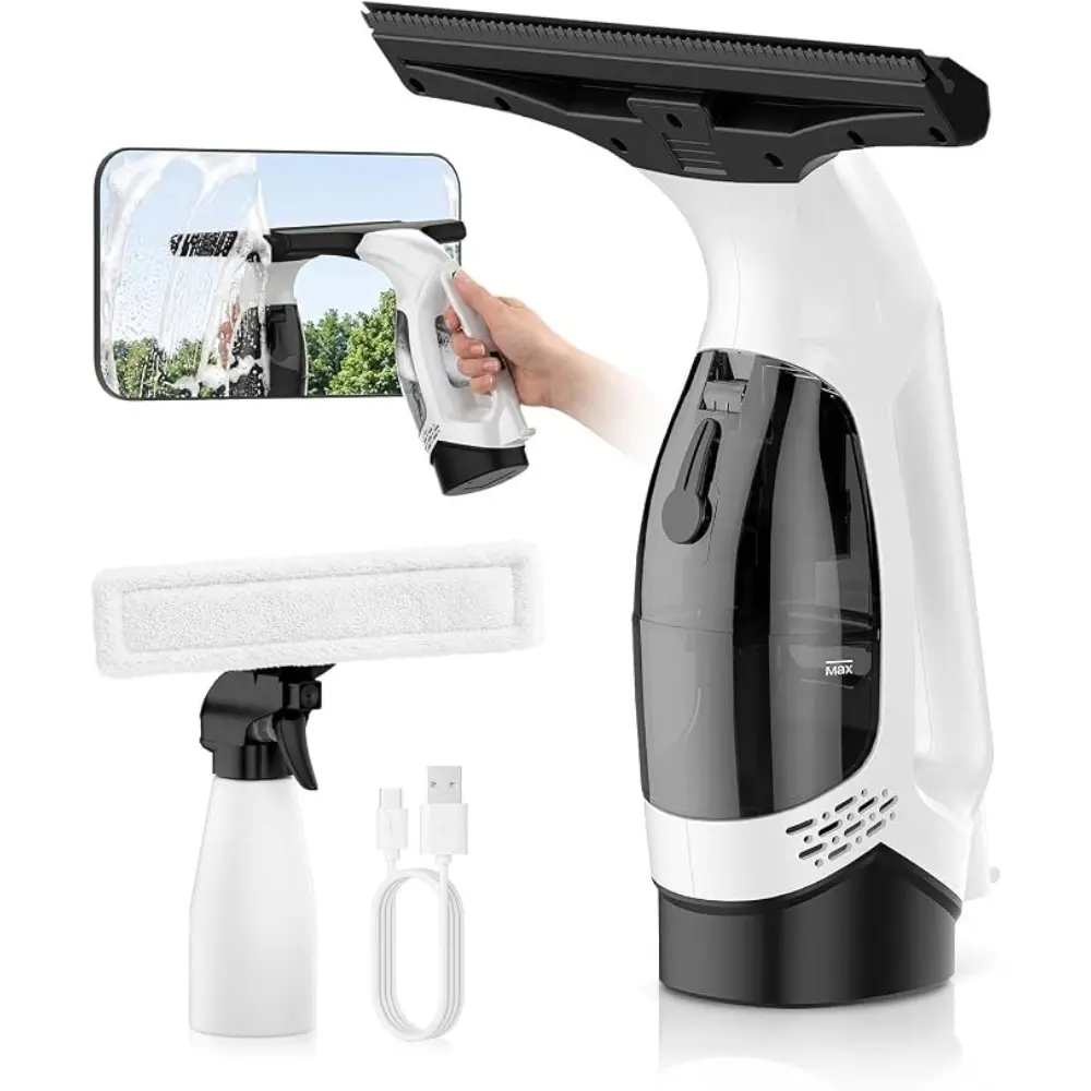 Window Vacuum Squeegee Cordless, 3-in-1 Electric Window Cleaner Tool with Spray & Microfiber Pad, Streak-Free 2200Pa Suction for Glass, Shower Doors, Mirrors, Tiles and Car Windows