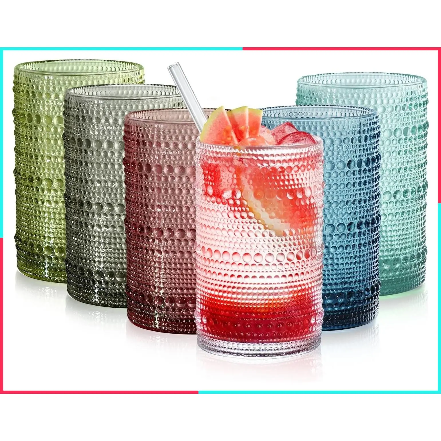 15oz Colored Hobnail Drinking Glasses Set of 6, Vintage Embossed Beaded Glass Cups for Beer, Juice, Cocktail, Whiskey, Milk, Kitchen