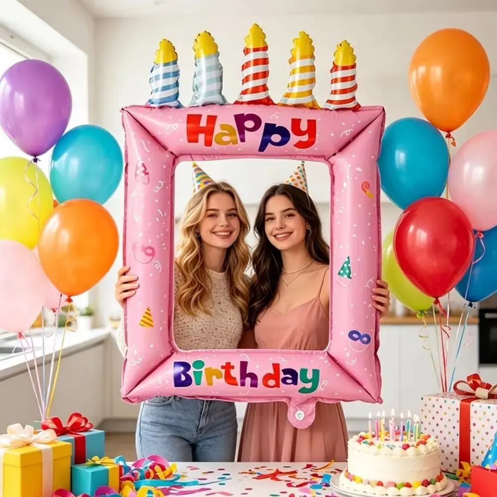 Happy Birthday Frame Aluminum Balloon, Balloon Decoration, Perfect for Birthday Parties and Celebrations, Photo Props for Birthdays and Events