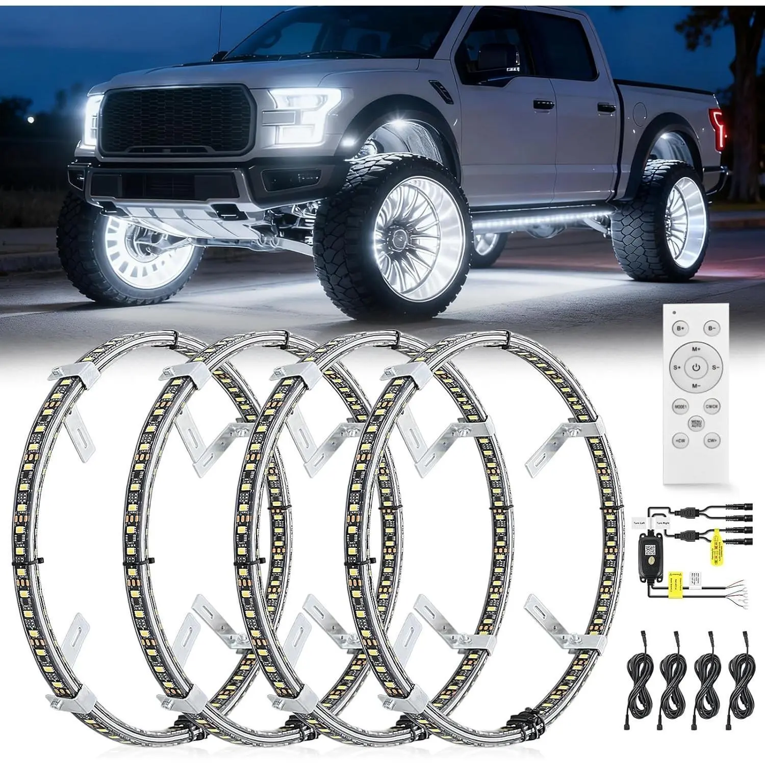 Nilight 4PCS 17inch Double Row LED Wheel Ring Lights Pure White with Remote Control w/Turn Signal Braking and Reverse Function Dual Row for Car Van SUV Truck