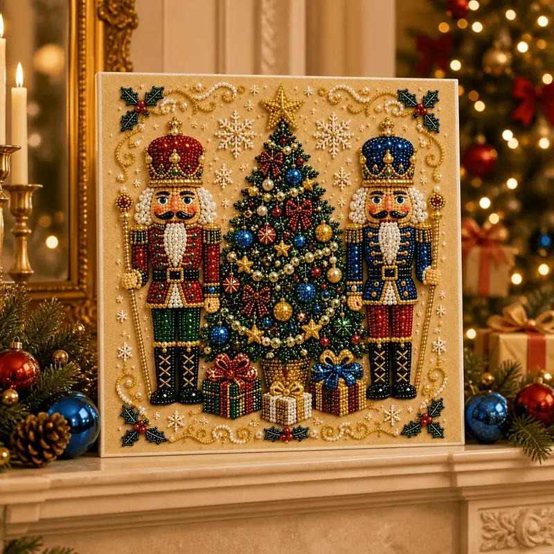 1 set of DIY pearl art suit, including classic nutcracker and Christmas tree pattern; Contains round pearls, transparent symbols, complete sets of tools and spare pearls; No frame; Suitable for adult Christmas home decoration and holiday gifts Crafts