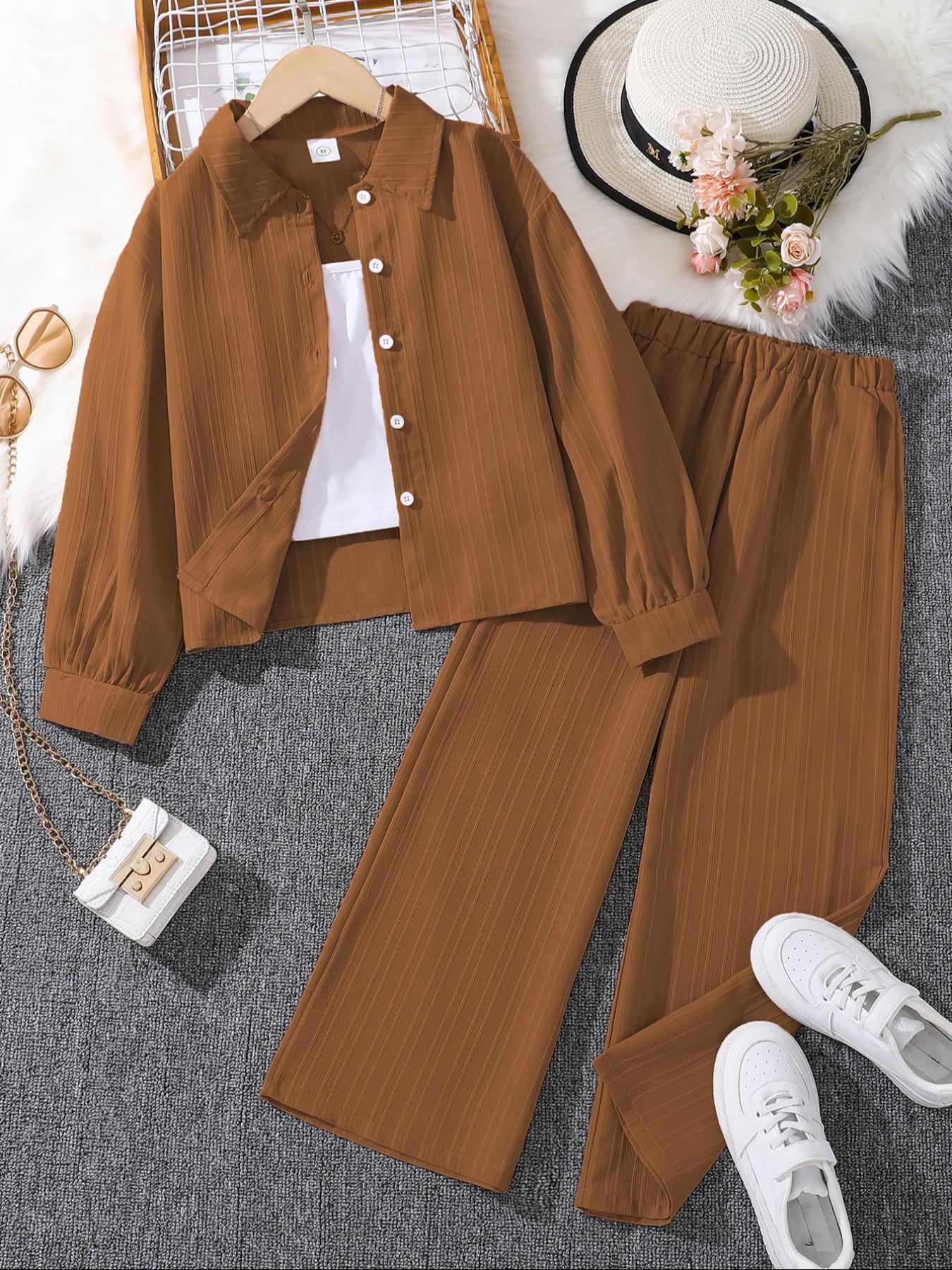 Girls' 2-Piece Set, Plain Color, Collar Design, Button Open Jacket, Long Sleeve, Elastic Waist Pants, Casual Fashion, Comfortable Style